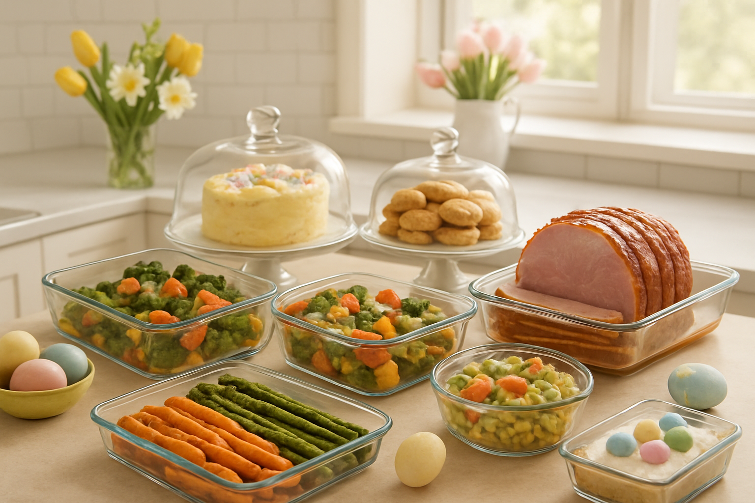 Create a realistic image of a bright, modern kitchen counter displaying various prepared Easter dishes in glass containers and covered serving platters, including colorful spring vegetables, glazed ham portions, and decorated desserts, with meal prep labels and Easter decorations like pastel eggs and fresh flowers in the background, showcasing organized make-ahead meal preparation in warm natural lighting, absolutely NO text should be in the scene.