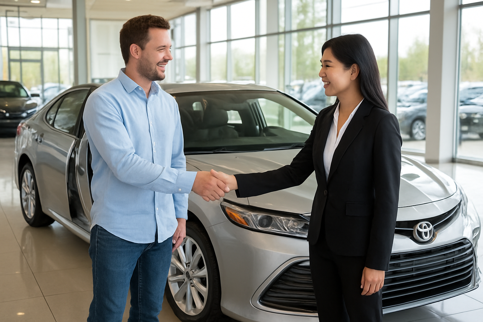 Create a realistic image of a satisfied white male customer in his 30s shaking hands with an Asian female car salesperson in professional attire, standing next to a sleek silver 2025 Toyota Camry in a modern car dealership showroom, with the car's driver door open showing the interior, bright natural lighting streaming through large windows, other vehicles visible in the blurred background, both people smiling confidently suggesting a successful car purchase transaction, clean polished floors reflecting the vehicles, and a professional automotive sales environment atmosphere. Absolutely NO text should be in the scene.