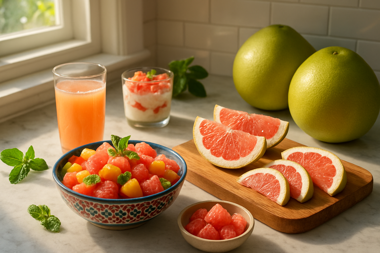 Create a realistic image of a beautifully arranged kitchen scene showcasing various ways to enjoy pomelo fruit, featuring fresh pomelo segments in a colorful fruit salad bowl, pomelo slices arranged on a wooden cutting board, a glass of fresh pomelo juice, pomelo pieces mixed in a yogurt parfait, and whole pomelo fruits displayed on a marble countertop, with natural morning sunlight streaming through a nearby window creating warm, inviting lighting that highlights the vibrant pink and white flesh of the pomelos, surrounded by complementary fresh herbs like mint leaves and other tropical fruits, absolutely NO text should be in the scene.