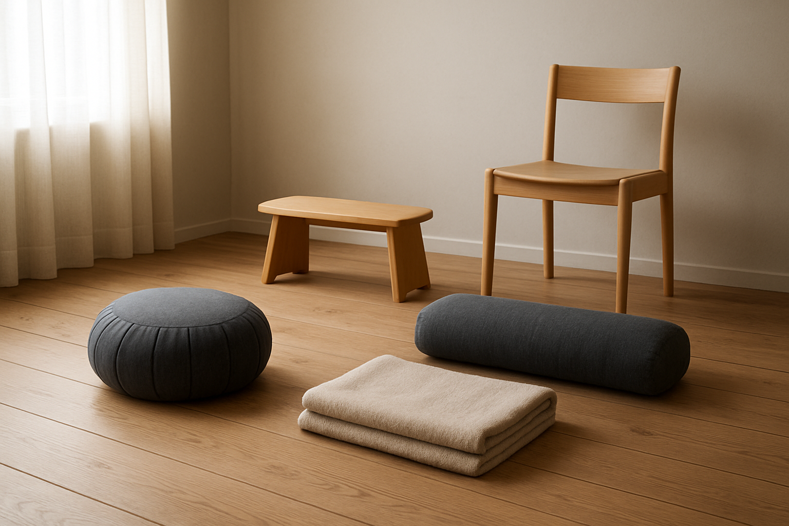 Create a realistic image of various meditation seating options arranged in a peaceful indoor setting, including a traditional meditation cushion (zafu), a meditation bench, a bolster pillow, a folded blanket, and a simple chair, all positioned on a wooden floor against a minimalist background with soft natural lighting from a nearby window, creating a serene and contemplative atmosphere perfect for choosing meditation equipment, absolutely NO text should be in the scene.