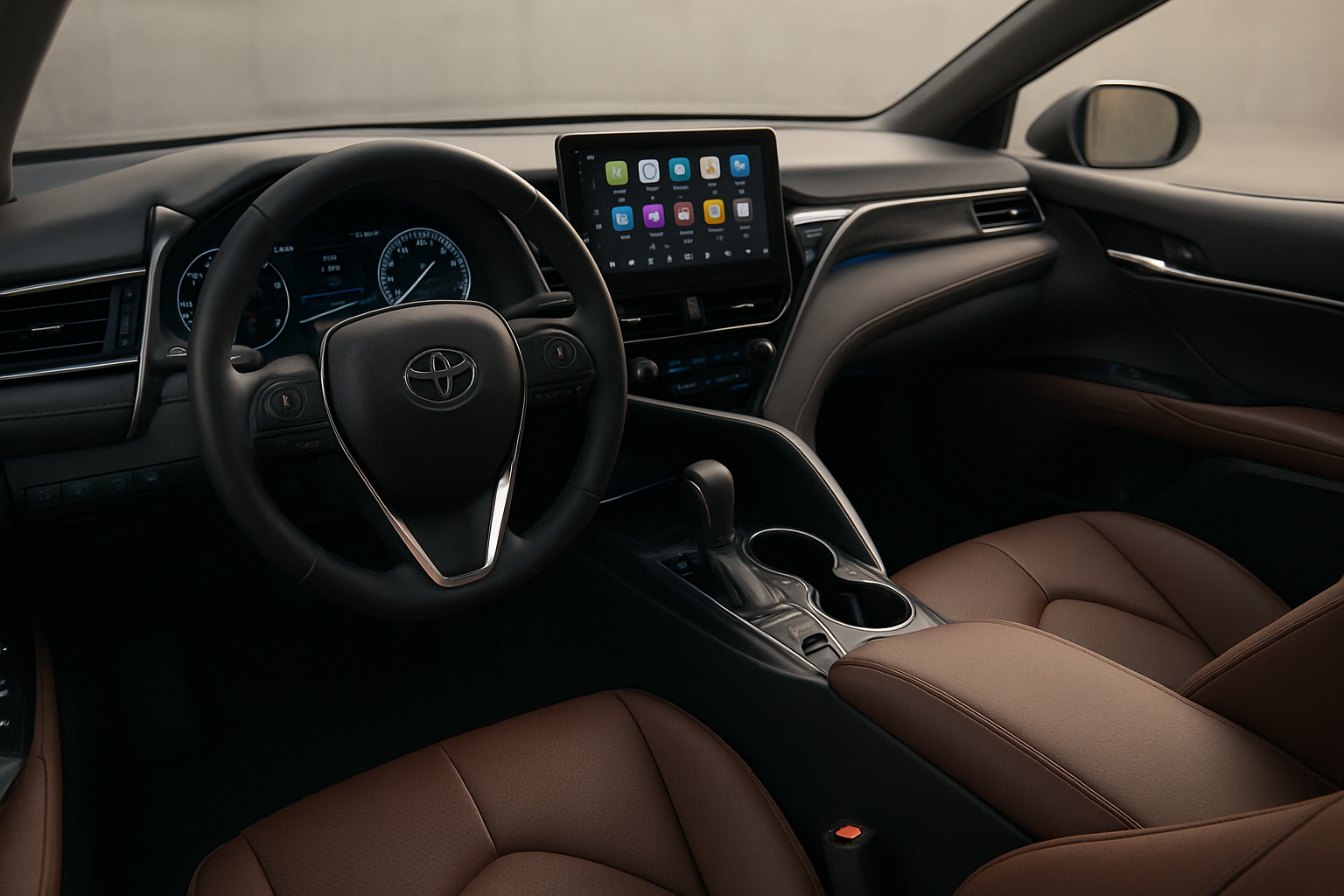 Create a realistic image of a modern Toyota Camry interior dashboard and cabin featuring advanced technology elements including a large touchscreen infotainment display, digital instrument cluster, wireless charging pad, premium leather seats with detailed stitching, ambient LED lighting, sleek control panels with touch-sensitive buttons, steering wheel with integrated controls, and high-quality materials throughout the cabin, shot from the driver's perspective in soft natural lighting that highlights the luxurious finishes and technological features, absolutely NO text should be in the scene.