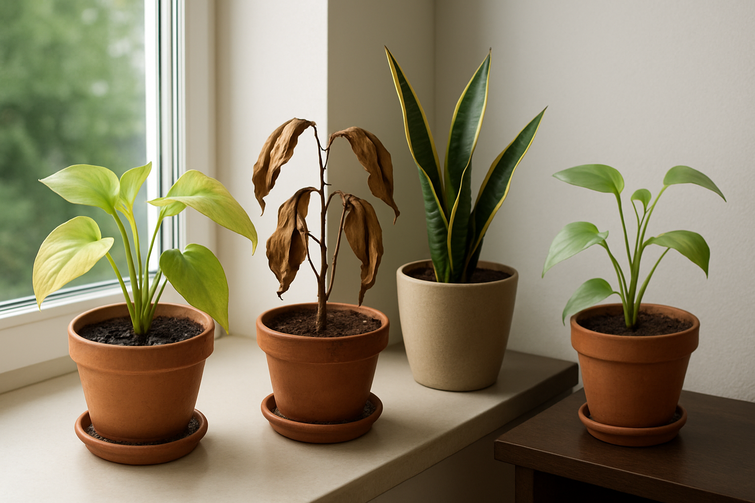 Create a realistic image of a collection of common houseplant care mistakes including an overwatered plant with yellowing leaves and waterlogged soil, a severely underwatered plant with drooping brown leaves, a plant placed in harsh direct sunlight showing scorched leaf edges, and another plant in too dark of a corner appearing leggy and pale, arranged on a windowsill and nearby surfaces in a modern indoor setting with natural lighting, showing the contrast between healthy and struggling plants, absolutely NO text should be in the scene.