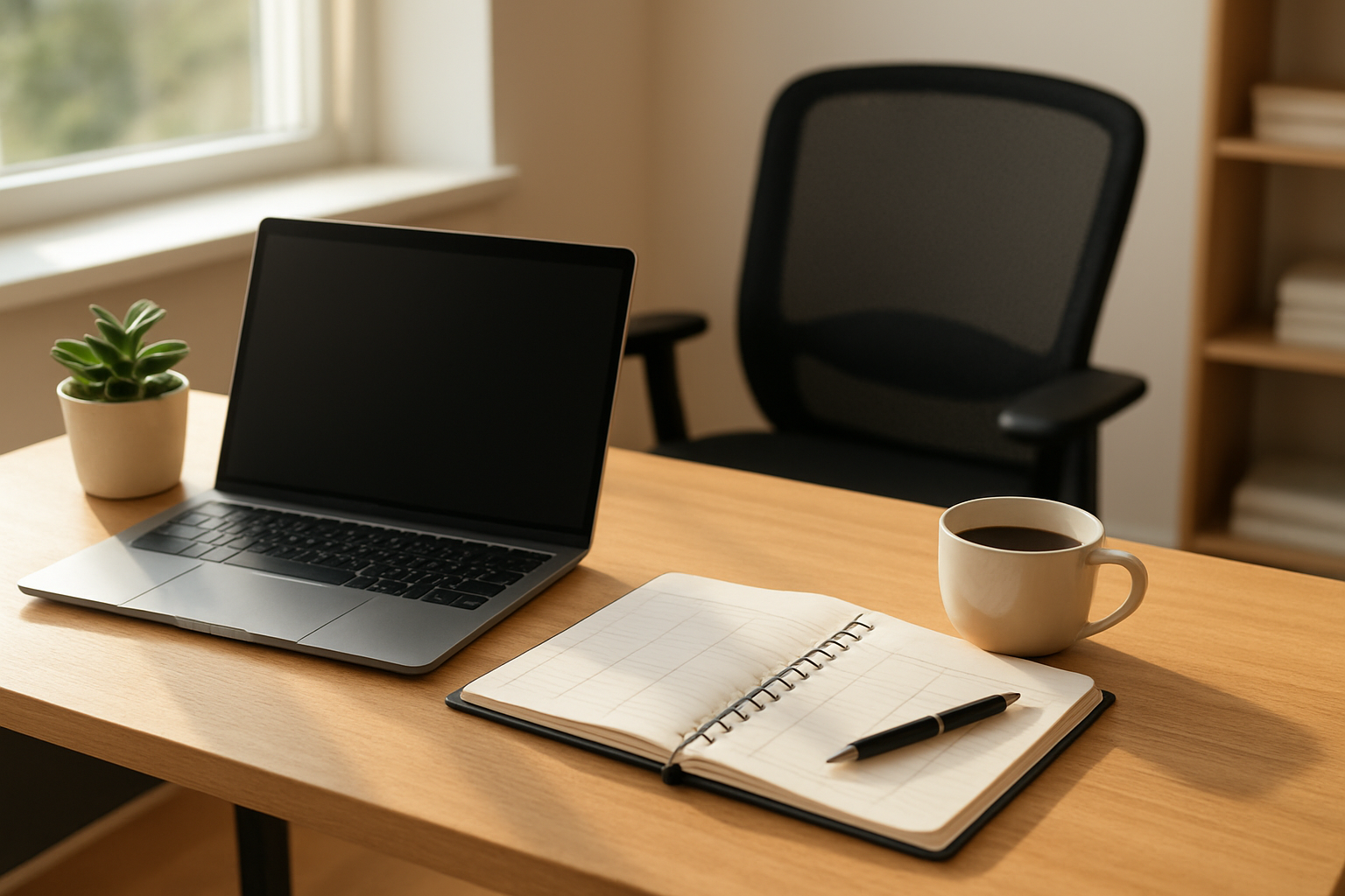 Create a realistic image of a modern, well-organized office workspace featuring a clean desk with a laptop computer, a daily planner or schedule notebook, a cup of coffee, and a small potted plant, with natural sunlight streaming through a nearby window, creating a productive and focused atmosphere that represents optimal workday structure, with ergonomic office furniture and minimal distractions in the background. Absolutely NO text should be in the scene.