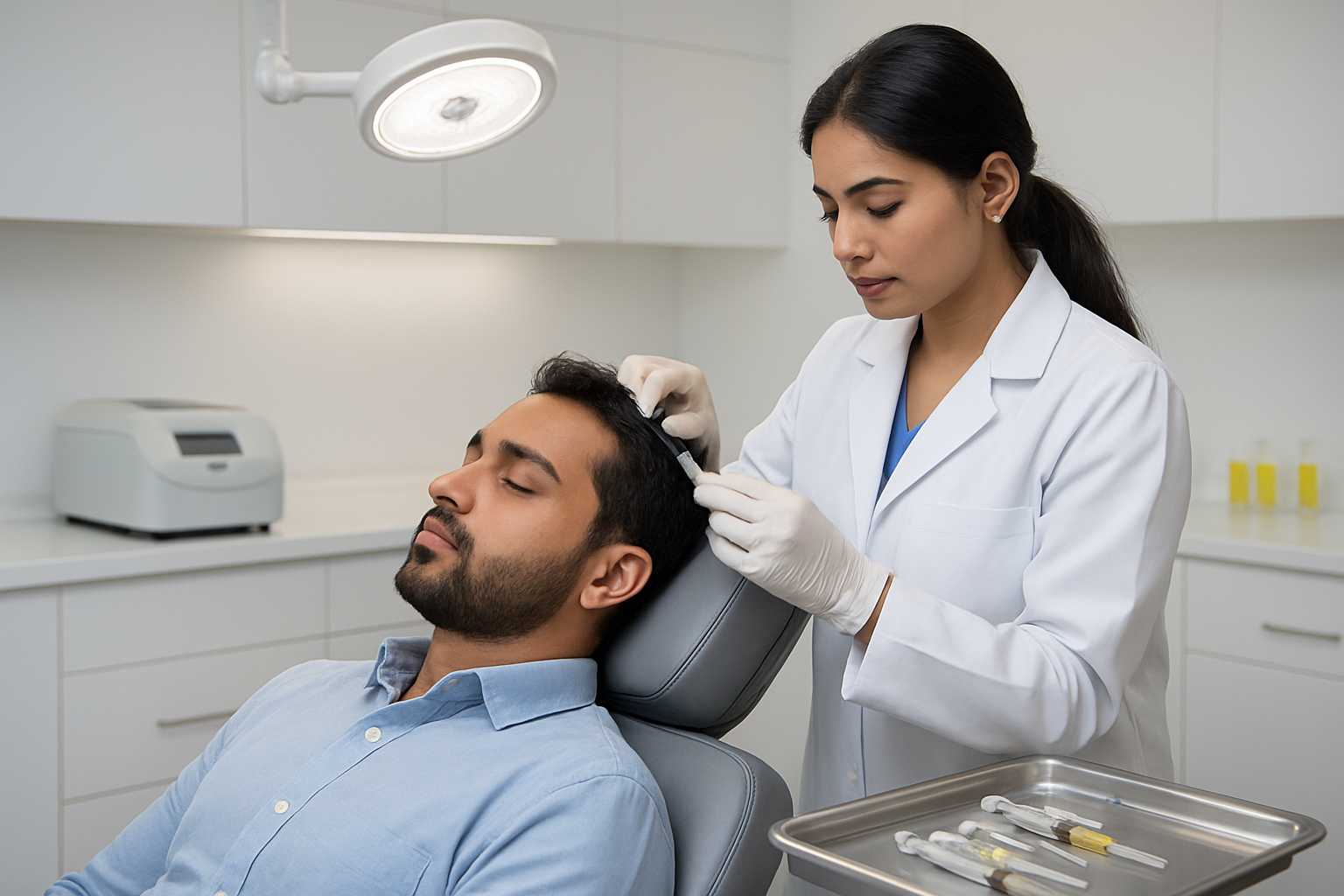 Create a realistic image of a modern medical clinic treatment room showing the complete PRP hair treatment process, featuring a male South Asian patient lying on a medical chair while a female South Asian doctor in white coat performs the procedure, medical equipment including centrifuge machine and PRP injection syringes on a sterile tray, clean white clinical environment with proper medical lighting, professional healthcare setting atmosphere, sterile medical instruments and vials containing processed plasma visible on the counter, bright clinical lighting creating a clean and professional mood, absolutely NO text should be in the scene.
