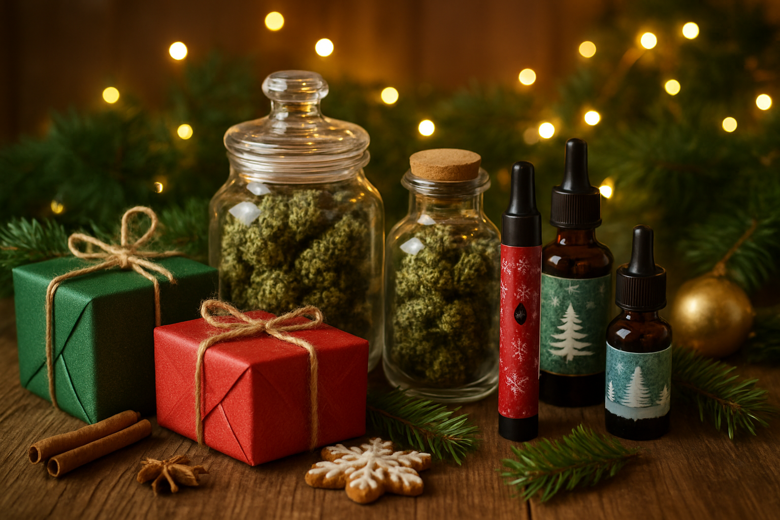 Create a realistic image of an elegant holiday display featuring various seasonal cannabis products arranged on a rustic wooden table, including festively packaged edibles in red and green wrapping, decorative glass jars with different cannabis strains, holiday-themed vaporizers, and CBD oils with winter-inspired labels, surrounded by seasonal decorations like pine branches, cinnamon sticks, and warm golden fairy lights, set against a cozy indoor background with soft warm lighting creating a welcoming atmosphere, absolutely NO text should be in the scene.