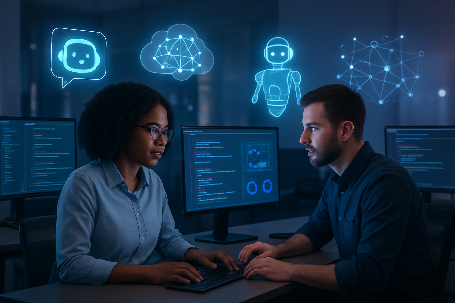 Create a realistic image of a modern tech workspace showing multiple screens displaying AI applications like chatbots, code editors with Python syntax, data visualizations, and neural network diagrams, with a diverse group including a black female data scientist and white male developer collaborating at computer workstations, surrounded by futuristic holographic projections of AI models, robots, and interconnected nodes representing machine learning networks, set in a sleek contemporary office environment with soft blue and purple ambient lighting creating an innovative atmosphere, absolutely NO text should be in the scene.