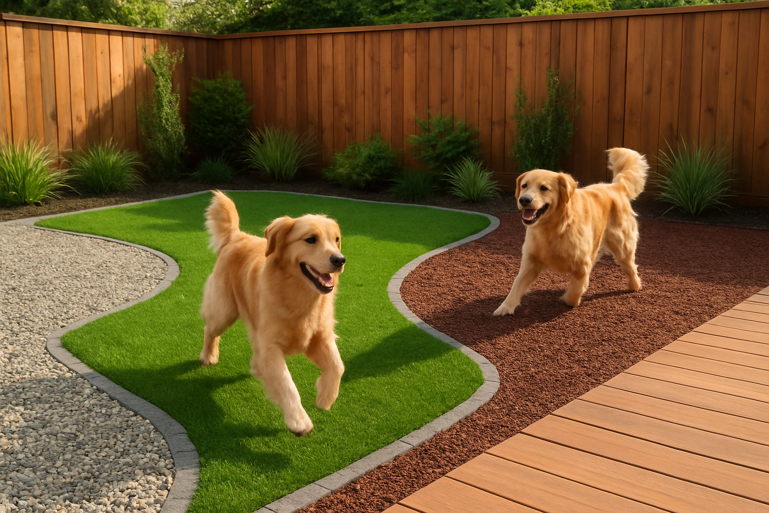 Create a realistic image of a beautiful backyard with various permanent ground cover options including artificial grass patches, decorative gravel areas, wooden deck sections, and rubber mulch zones, with two happy golden retriever dogs playing and running on these different surfaces, surrounded by a wooden fence and some landscaping plants in the background, bright natural daylight creating a welcoming outdoor atmosphere, absolutely NO text should be in the scene.