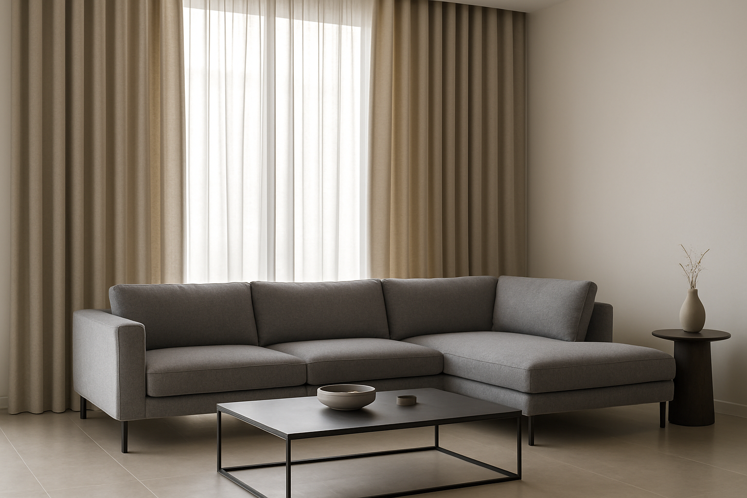 Create a realistic image of a modern living room showcasing the coordination between contemporary curtains and modern sofa, featuring a sleek gray sectional sofa with clean lines positioned against a wall with floor-to-ceiling curtains in complementary neutral tones like beige or soft gray, the curtains should have a contemporary design with subtle patterns or solid colors that harmonize with the sofa's upholstery, natural daylight filtering through the curtains creating soft ambient lighting, minimalist coffee table and side accessories, clean modern interior with polished floors and neutral wall colors, emphasizing the aesthetic harmony between the window treatments and furniture pieces, absolutely NO text should be in the scene.