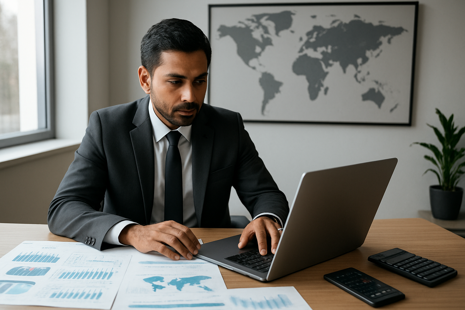 Create a realistic image of an Indian male professional in his 30s wearing a business suit sitting at a modern desk with a laptop, financial documents, and investment charts spread out, with a world map on the wall behind him showing global investment locations, a smartphone displaying stock market apps, and a calculator nearby, set in a contemporary office environment with natural lighting from a window, conveying a focused and analytical mood of international investment management, absolutely NO text should be in the scene.