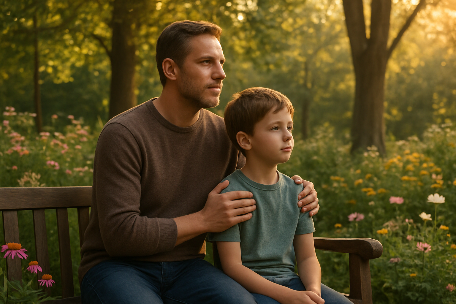 Create a realistic image of a peaceful father and child sitting together on a wooden bench in a serene garden setting, with the white male father gently placing his hand on his young child's shoulder in a protective, guiding gesture, surrounded by blooming flowers and tall trees with soft golden sunlight filtering through the leaves, creating a warm and contemplative atmosphere that conveys wisdom, guidance, and moral strength being passed from parent to child, with both figures looking ahead toward the horizon with expressions of hope and determination, absolutely NO text should be in the scene.
