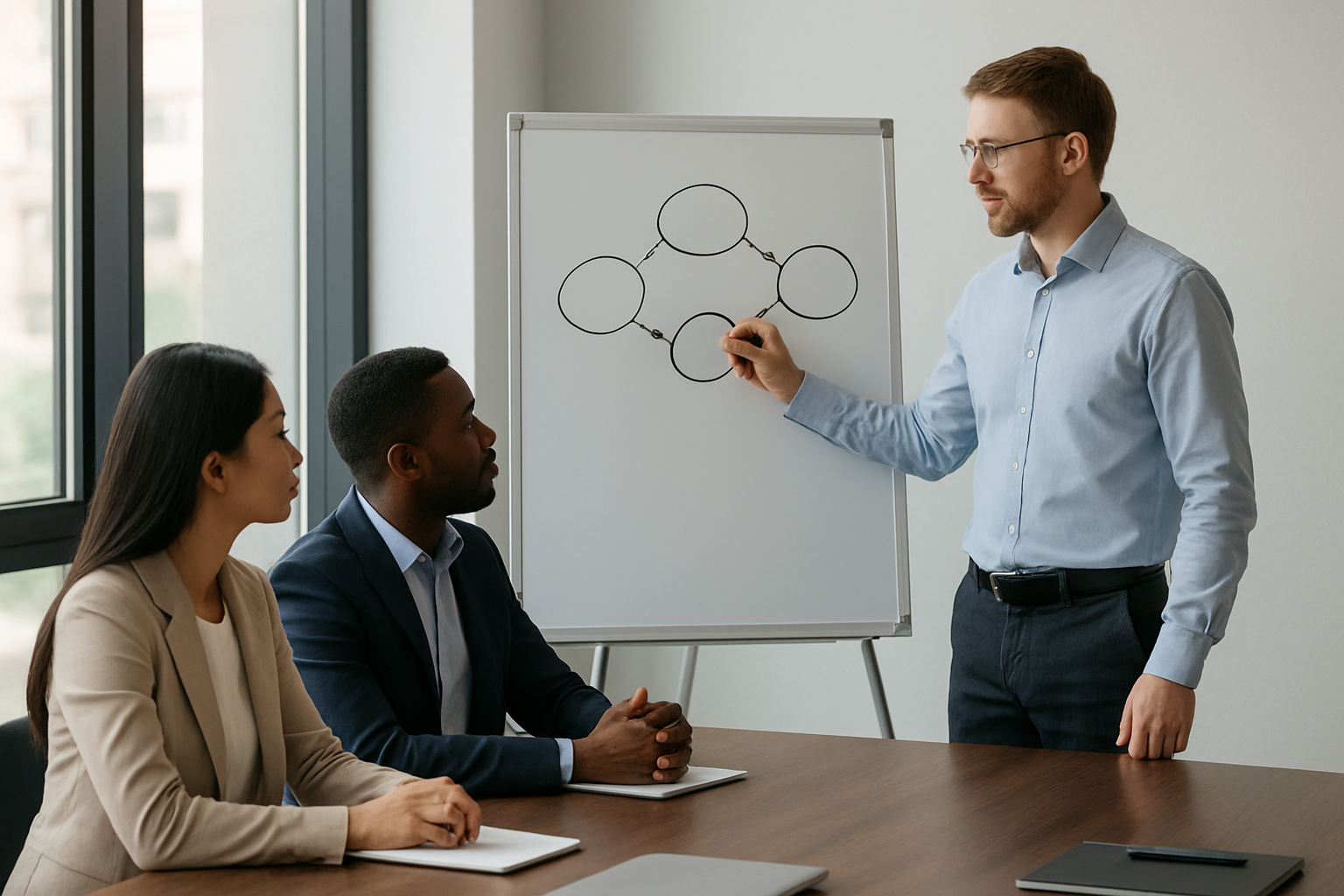 Create a realistic image of a professional presentation setting with a diverse group of people including a white male presenter at a whiteboard drawing interconnected circles and arrows representing a communication framework, with an Asian female and Black male colleague observing attentively, modern conference room background with large windows showing natural daylight, clean and focused atmosphere emphasizing learning and professional development, soft natural lighting creating an inspiring educational mood, absolutely NO text should be in the scene.