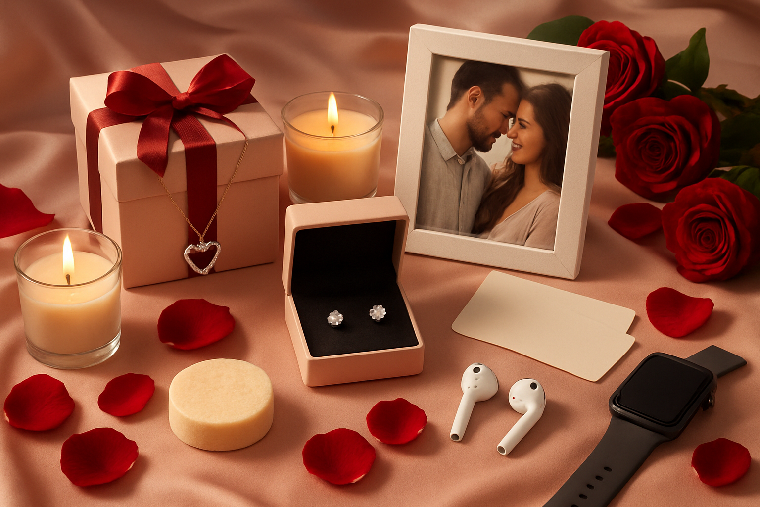 Create a realistic image of an elegant Valentine's Day gift collection arranged on a soft pink silk fabric background, featuring sparkling jewelry including a heart necklace and diamond earrings, luxurious spa items like scented candles and rose petals, personalized keepsakes such as a photo frame and custom items, experience gift vouchers, and sleek tech gadgets like wireless earbuds and a smartwatch, all beautifully arranged with romantic lighting casting gentle shadows, surrounded by fresh red roses and soft romantic ambiance with warm golden lighting. Absolutely NO text should be in the scene.