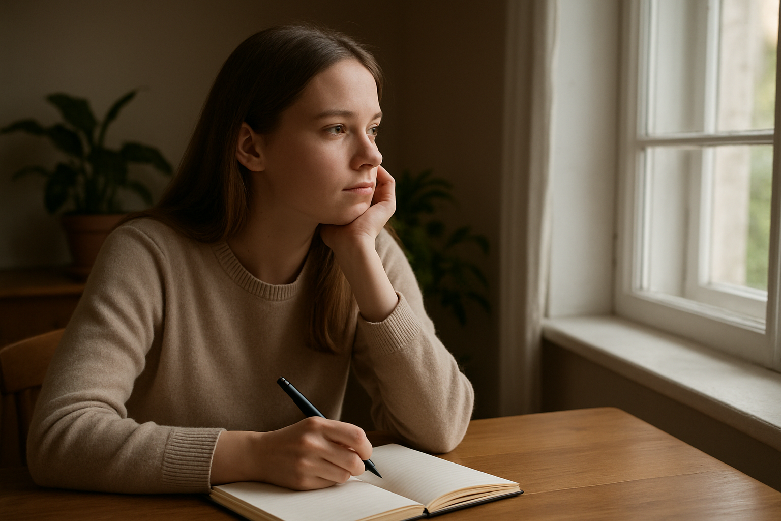 Create a realistic image of a contemplative white female sitting at a wooden desk with a notebook open, pen in hand, looking thoughtfully out a window while journaling about her feelings, with soft natural lighting streaming through the window, a calm and peaceful indoor setting with plants in the background, capturing the introspective mood of self-reflection and pattern recognition, absolutely NO text should be in the scene.
