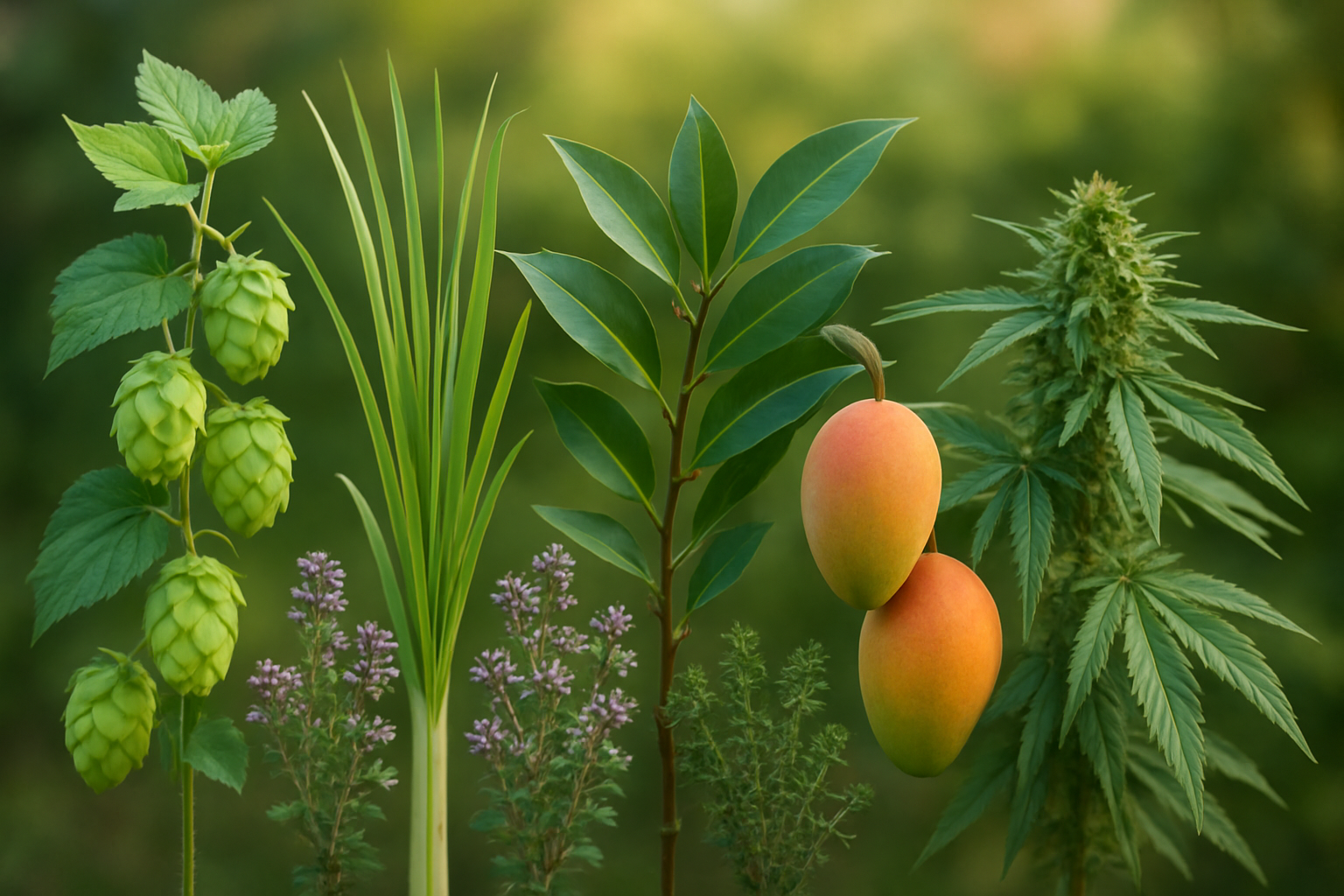 Create a realistic image of a diverse collection of natural plants known for containing myrcene terpene, featuring hops plants with their distinctive cone-shaped flowers, lemongrass stalks with long narrow leaves, bay laurel branches with glossy dark green leaves, mango tree branches with ripe mangoes, wild thyme clusters with small purple flowers, and cannabis plants with their characteristic serrated leaves and buds, all arranged in a natural botanical display against a soft-focused garden background with warm natural lighting, shot in a scientific botanical illustration style that emphasizes the variety of plant species across different families, absolutely NO text should be in the scene.