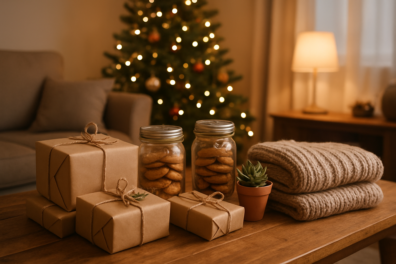 Create a realistic image of a cozy living room scene with handmade and budget-friendly Christmas gifts arranged on a wooden coffee table, including wrapped presents in brown kraft paper tied with natural twine, homemade cookies in mason jars, knitted scarves, and small potted plants as gifts, with a decorated Christmas tree softly lit in the background, warm ambient lighting from table lamps creating a welcoming holiday atmosphere, absolutely NO text should be in the scene.