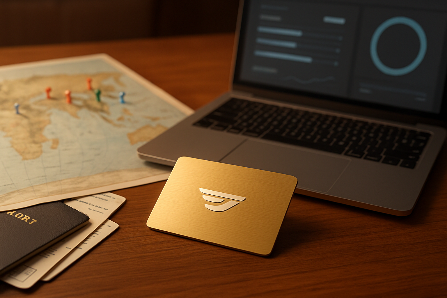 Create a realistic image of a sleek airline loyalty card or membership tier badge sitting on a wooden desk next to a world map with multiple colorful pins marking destinations, surrounded by travel documents like boarding passes and passport, with a laptop displaying an airline rewards dashboard showing accumulated miles and tier progress, warm ambient lighting creating a professional atmosphere that conveys growth and achievement over time, absolutely NO text should be in the scene.