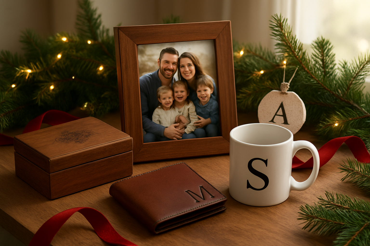 Create a realistic image of an elegant display of personalized Christmas gifts arranged on a wooden table, featuring a custom photo frame with a family picture, an engraved jewelry box, a monogrammed leather wallet, a personalized ornament, and a custom mug, surrounded by festive Christmas decorations including pine branches, red ribbons, and warm golden fairy lights creating a cozy holiday atmosphere, with soft natural lighting from a nearby window, absolutely NO text should be in the scene.