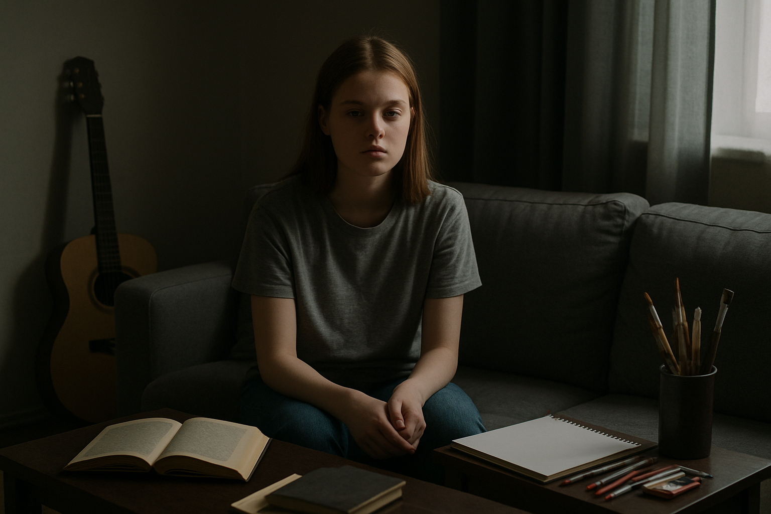 Create a realistic image of a young white female sitting alone on a gray couch in a dimly lit living room, staring blankly ahead with an emotionless expression, surrounded by untouched activities like books, art supplies, and a guitar leaning against the wall, with muted natural lighting filtering through partially closed curtains creating a somber atmosphere that conveys emotional numbness and disconnection from previously enjoyable activities, absolutely NO text should be in the scene.