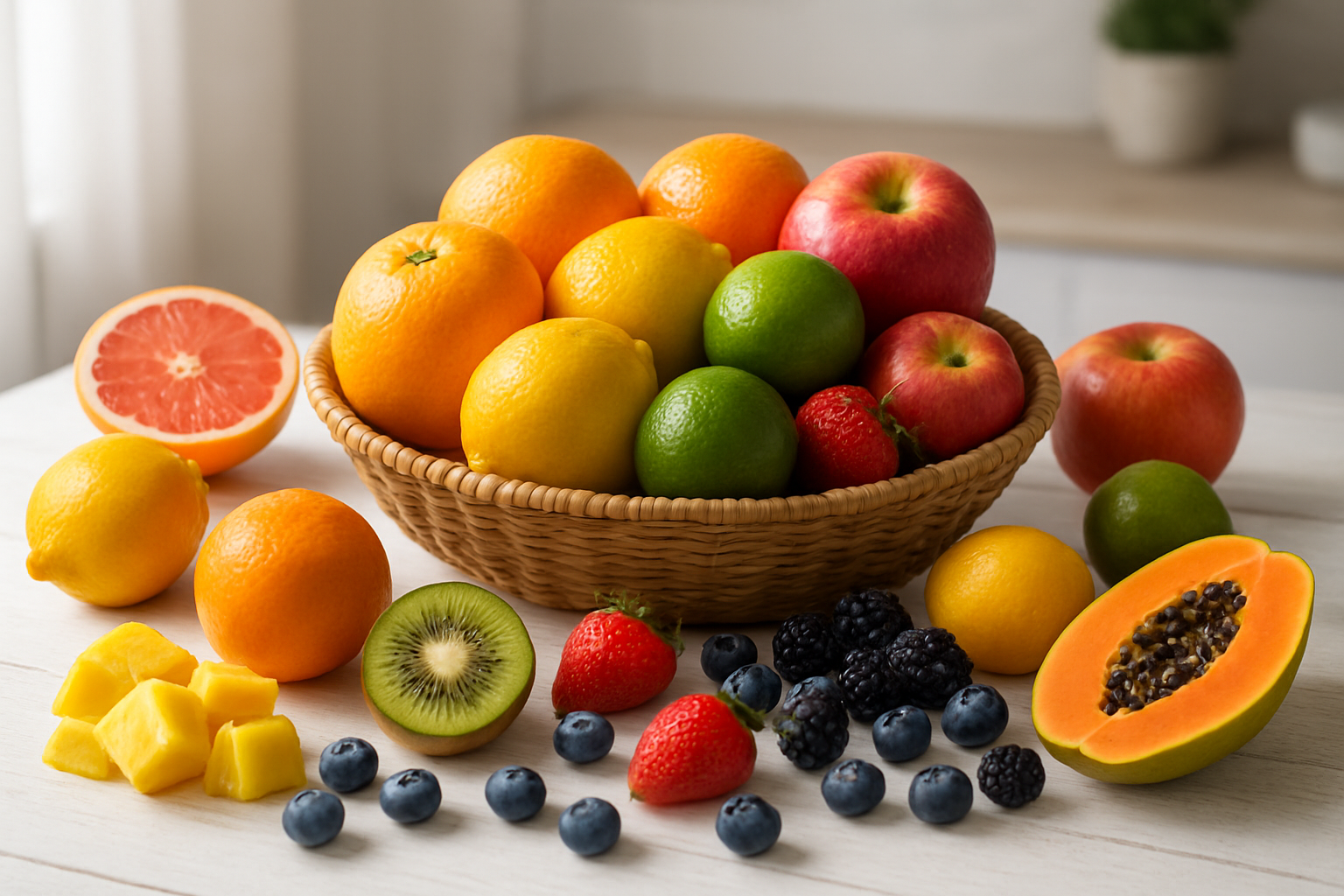 Create a realistic image of a vibrant collection of fresh immunity-boosting fruits arranged on a clean white wooden table, featuring colorful oranges, lemons, limes, grapefruits, blueberries, strawberries, blackberries, kiwi slices, pineapple chunks, papaya pieces, and seasonal apples, with some fruits in a woven basket and others scattered naturally around it, soft natural lighting streaming from the left side creating gentle shadows, bright and healthy atmosphere with a slightly blurred kitchen background, shot from a slightly elevated angle to showcase the variety and freshness of the fruits, absolutely NO text should be in the scene.