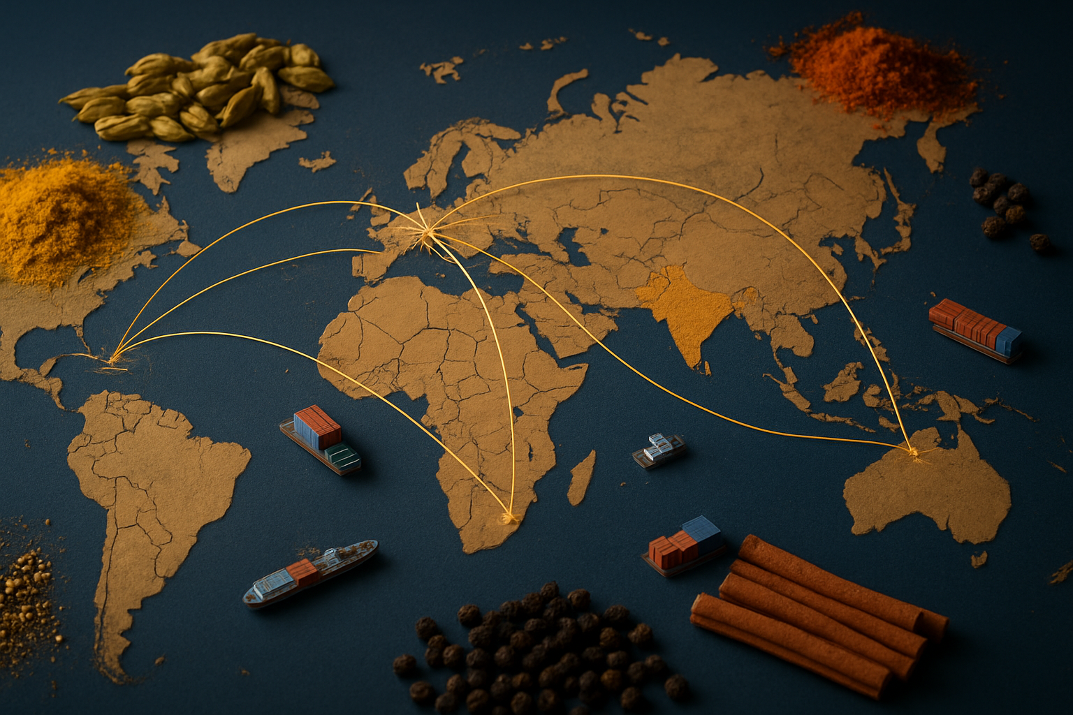 Create a realistic image of a detailed world map highlighting India and its major trading partner countries connected by golden trade route lines, with various colorful spices like turmeric, cardamom, black pepper, and cinnamon scattered around the map borders, set against a professional dark blue background with soft ambient lighting, featuring small shipping containers and cargo ships positioned near coastal areas to represent international trade networks, Absolutely NO text should be in the scene.