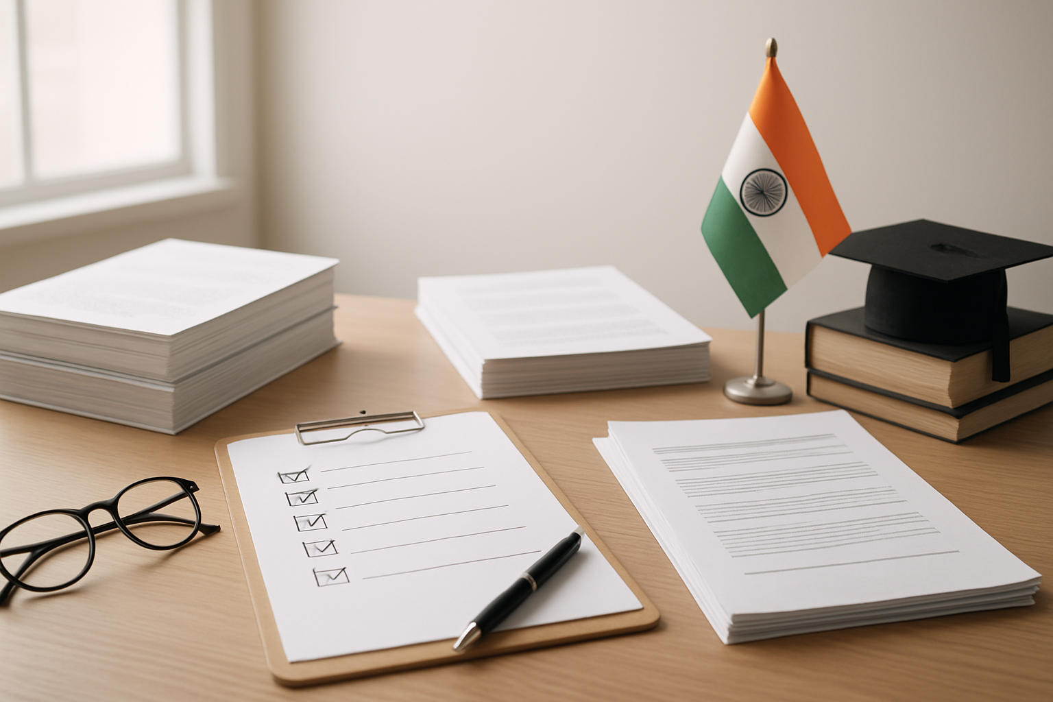 Create a realistic image of an organized desk scene with official government documents, application forms, and policy papers neatly arranged alongside a clipboard with checkboxes, a pen, and reading glasses, set against a clean office background with soft natural lighting from a window, featuring a small Indian flag and educational symbols like books and a graduation cap to represent the minority student encouragement scheme, absolutely NO text should be in the scene.