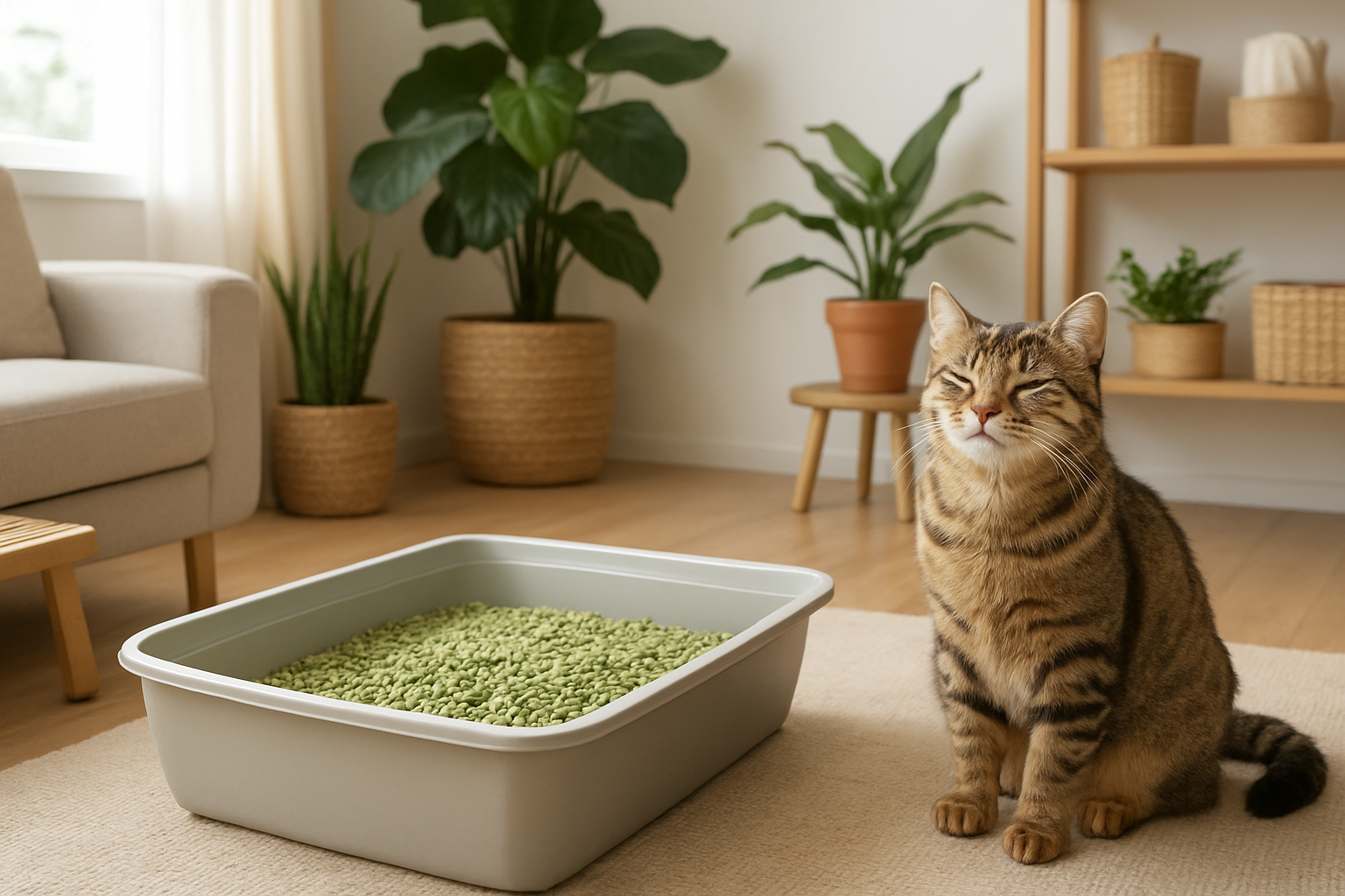 Create a realistic image of a bright, clean modern living room with a happy tabby cat sitting contentedly next to an open litter box filled with natural green-colored eco-friendly litter, surrounded by green plants and natural wooden elements, with soft natural lighting streaming through a window, showcasing a healthy indoor environment with fresh air quality, featuring sustainable living elements like bamboo accessories and recycled materials in the background, conveying a sense of wellness, environmental consciousness, and pet care satisfaction, absolutely NO text should be in the scene.