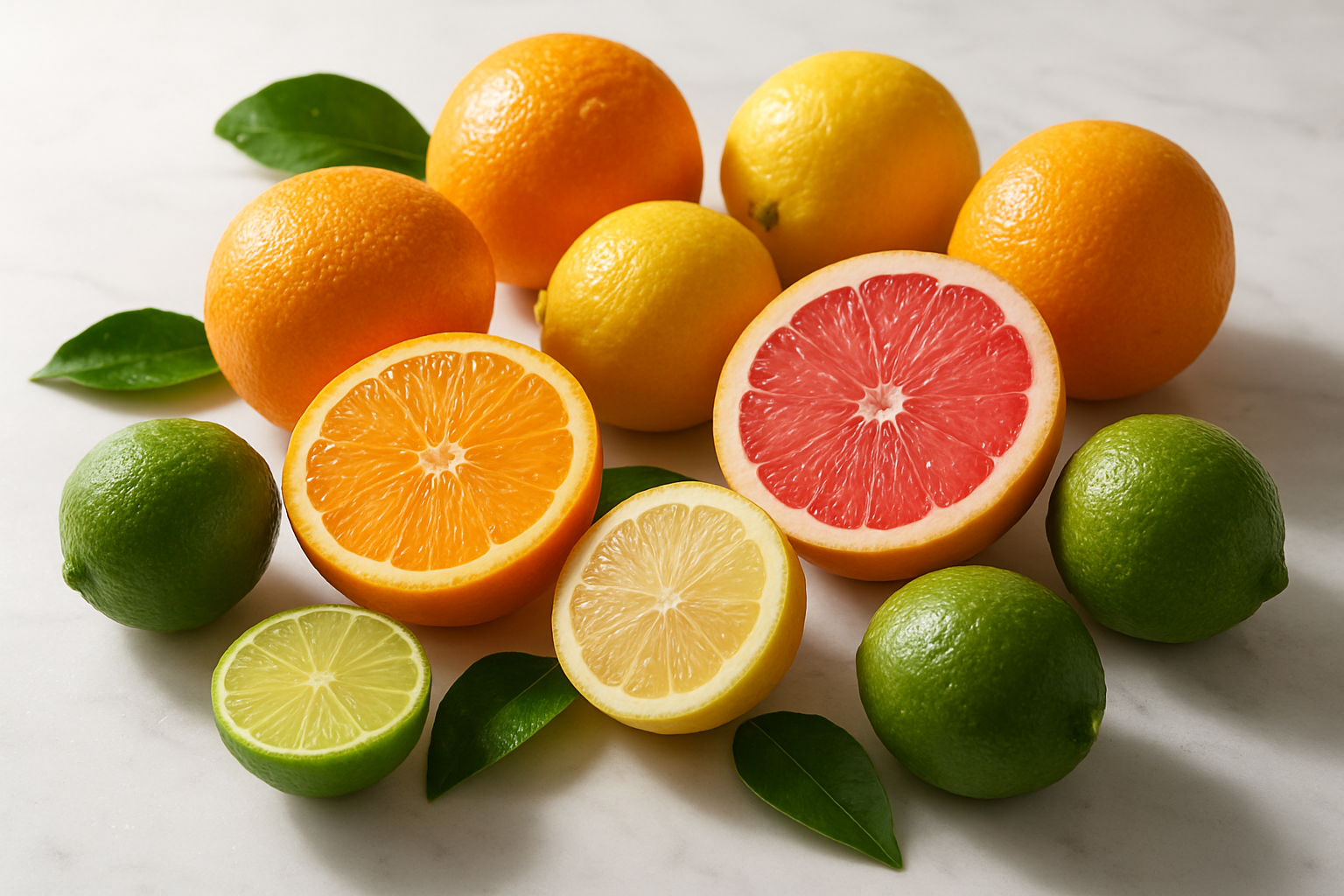 Create a realistic image of a vibrant collection of fresh citrus fruits including oranges, lemons, limes, and grapefruits arranged on a clean white marble surface, with some fruits whole and others cut in half to show their juicy interior, natural daylight streaming from the left side creating soft shadows, water droplets glistening on the fruit peels to emphasize freshness, green citrus leaves scattered around the fruits, warm and inviting atmosphere that conveys health and vitality, absolutely NO text should be in the scene.