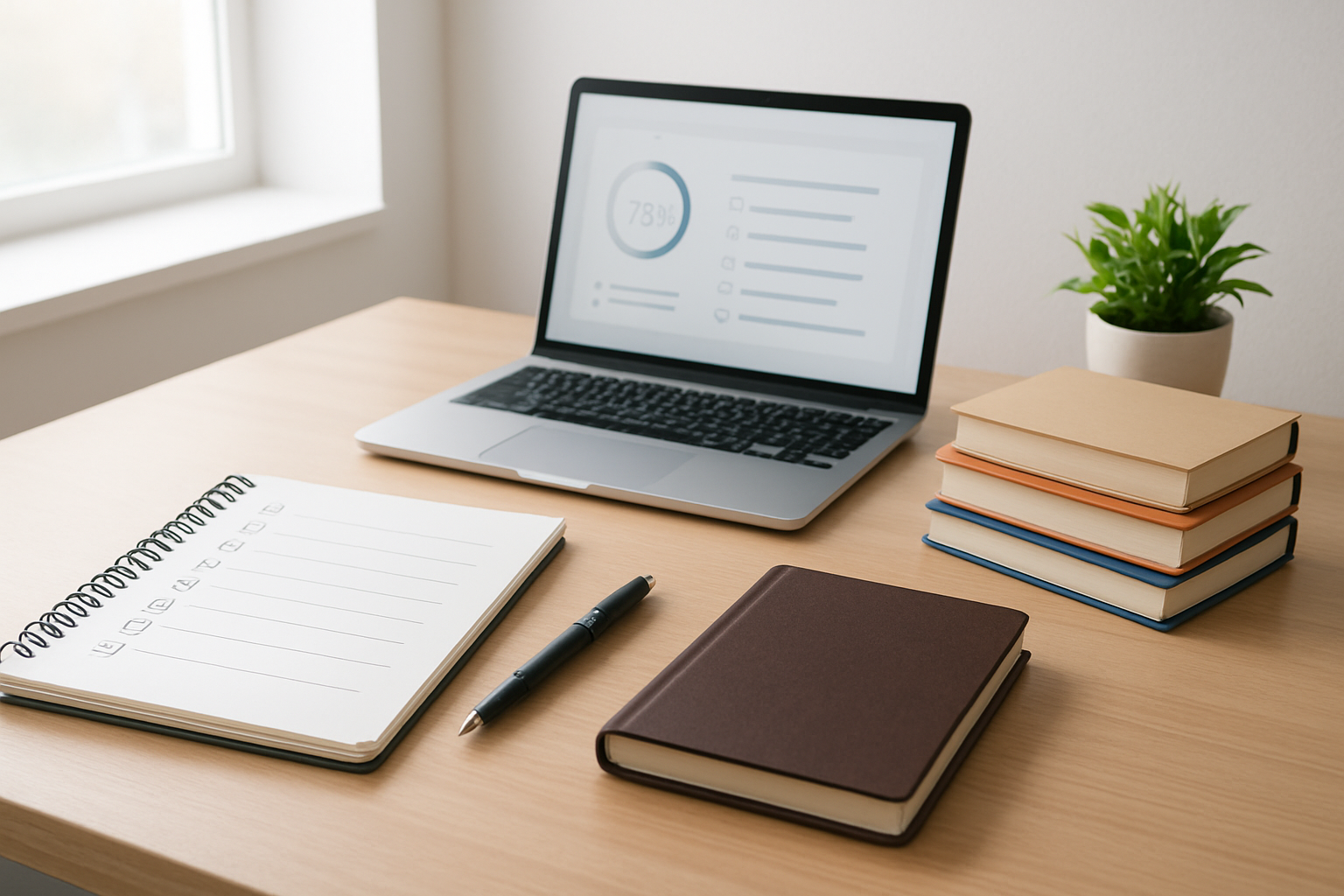 Create a realistic image of a clean, organized desk workspace with productivity tools including a planner with checkboxes, a laptop displaying a goal-tracking app, a stack of personal development books, a motivational journal, a pen, and a small plant, set against a bright, minimalist background with natural lighting from a nearby window, conveying focus and self-improvement energy. Absolutely NO text should be in the scene.