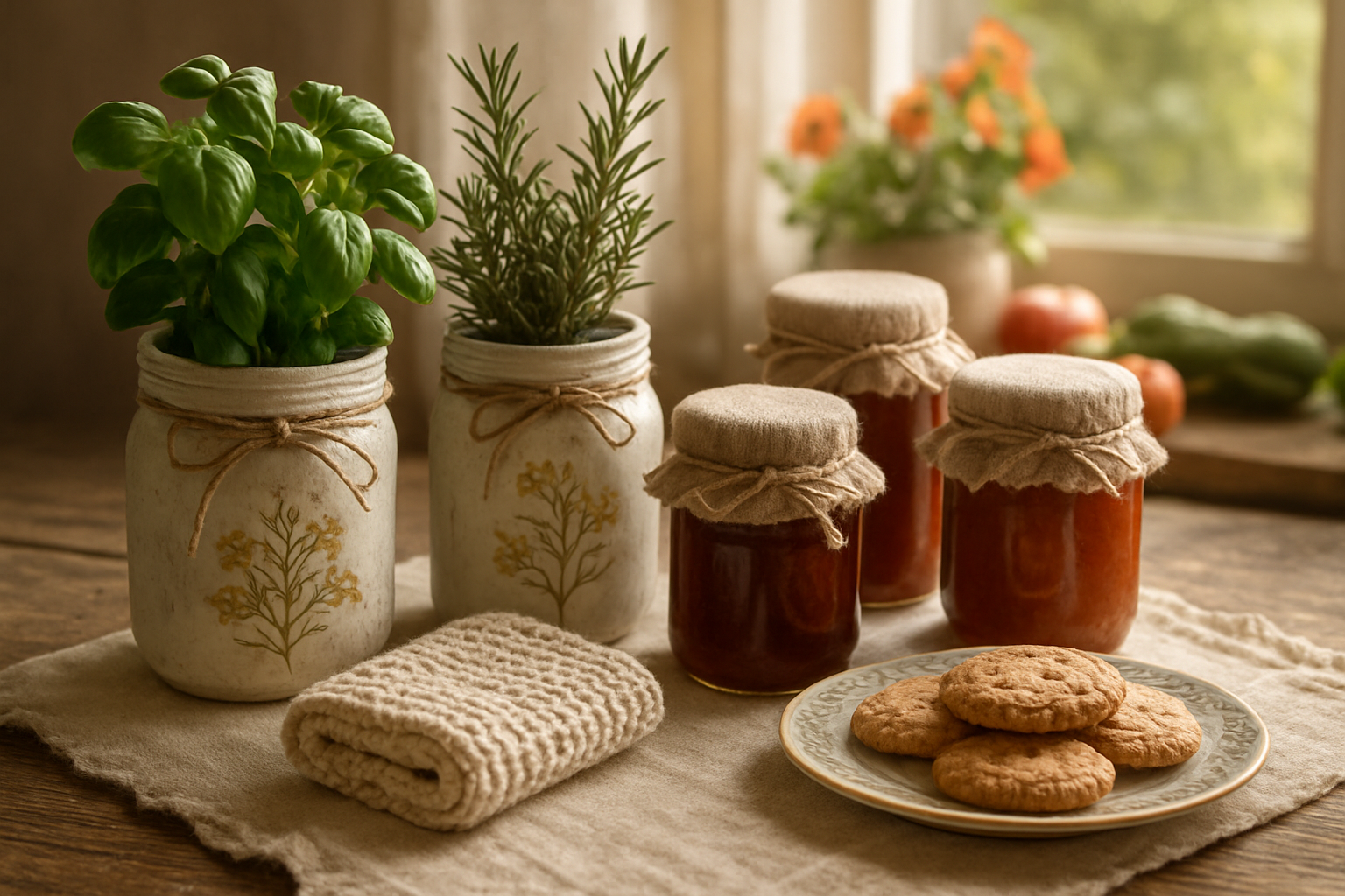 Create a realistic image of a rustic wooden kitchen counter displaying handmade DIY gifts including a potted herb garden with basil and rosemary plants in decorative painted mason jars, homemade preserves in glass jars with fabric-covered lids tied with twine, a hand-knitted kitchen towel, and freshly baked cookies on a vintage plate, all arranged on a linen cloth near a sunny window with soft natural lighting creating a warm, caring atmosphere, with some fresh vegetables and flowers from a garden visible in the background, absolutely NO text should be in the scene.