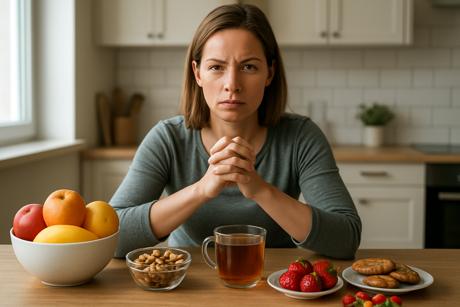Create a realistic image of a determined white female in her 30s sitting at a kitchen table with her hands clasped together in a supportive gesture, surrounded by healthy alternatives like fresh fruits, nuts, and herbal tea, while unhealthy sugary snacks like cookies and candy are pushed to the far side of the table, soft natural lighting from a window creates a calm and hopeful atmosphere, the woman has a focused expression showing inner strength and resolve, the kitchen background is clean and organized suggesting a fresh start, absolutely NO text should be in the scene.