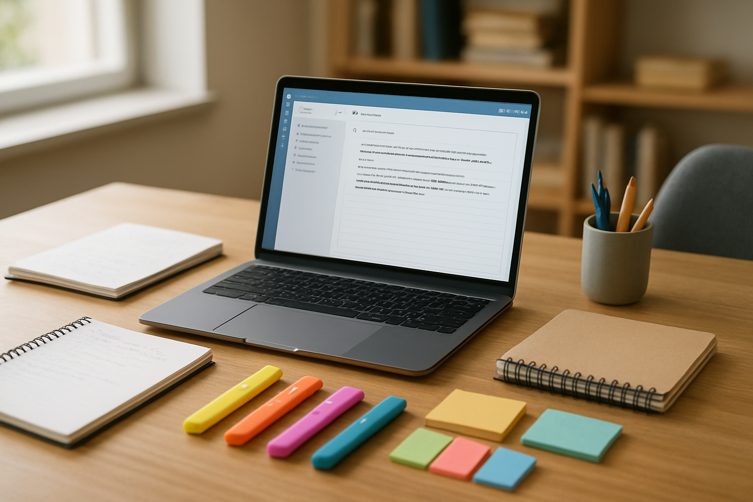 Create a realistic image of a modern study desk setup featuring an open laptop computer displaying a digital note-taking application interface, surrounded by organized study materials including notebooks, colorful sticky notes, highlighters, and pens neatly arranged on a clean wooden desk surface, with a comfortable ergonomic chair partially visible, soft natural lighting from a nearby window creating a warm and productive atmosphere, and a minimalist background with bookshelves slightly blurred in the distance, absolutely NO text should be in the scene.