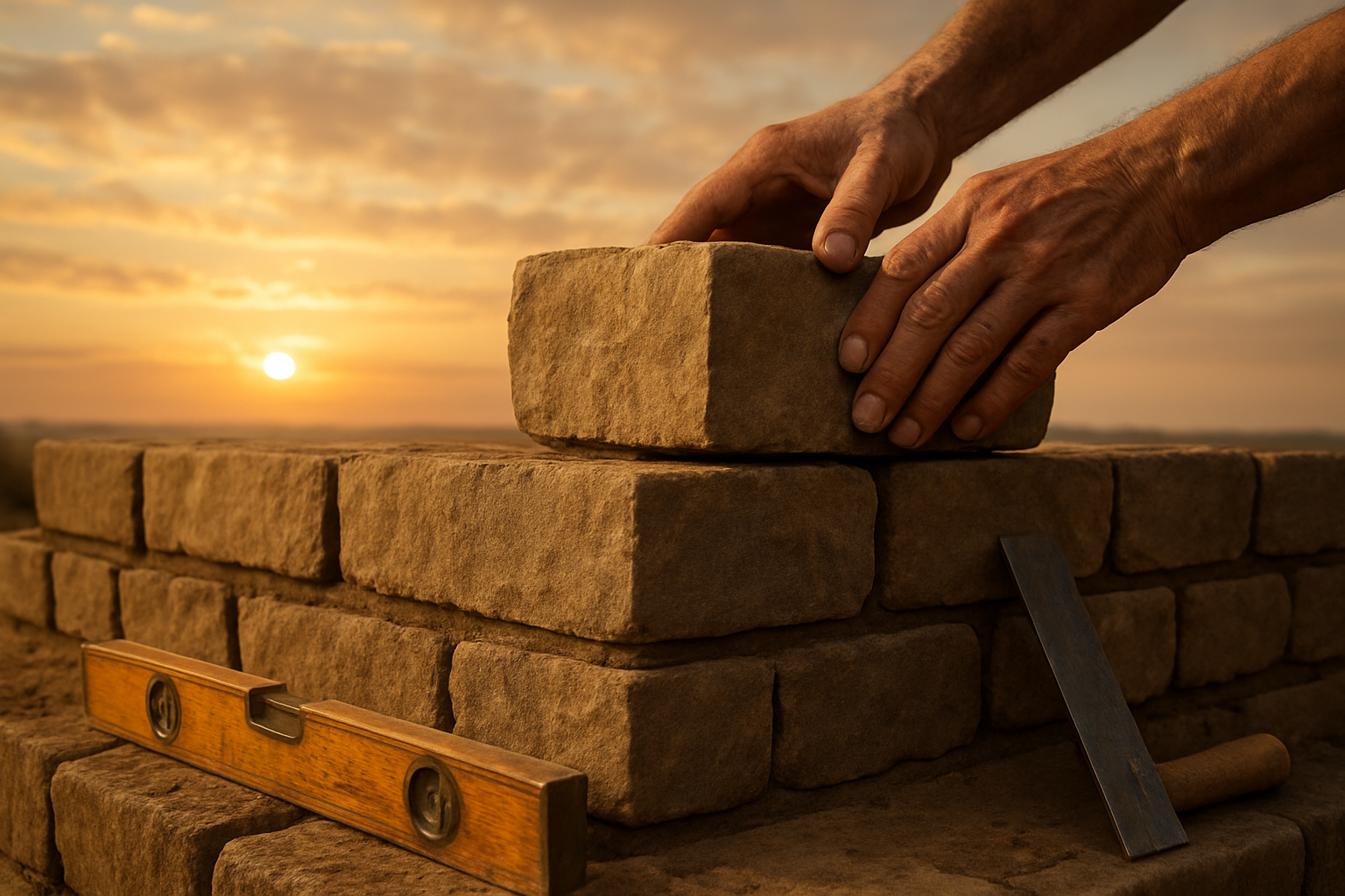 Create a realistic image of a strong stone foundation being carefully built, with weathered hands placing solid cornerstone blocks in perfect alignment, surrounded by construction tools like a level and measuring square, set against a serene dawn sky with soft golden light breaking through gentle clouds, conveying stability, intentionality, and hope for new beginnings, with rich earth tones and warm lighting creating an atmosphere of determination and spiritual grounding, absolutely NO text should be in the scene.