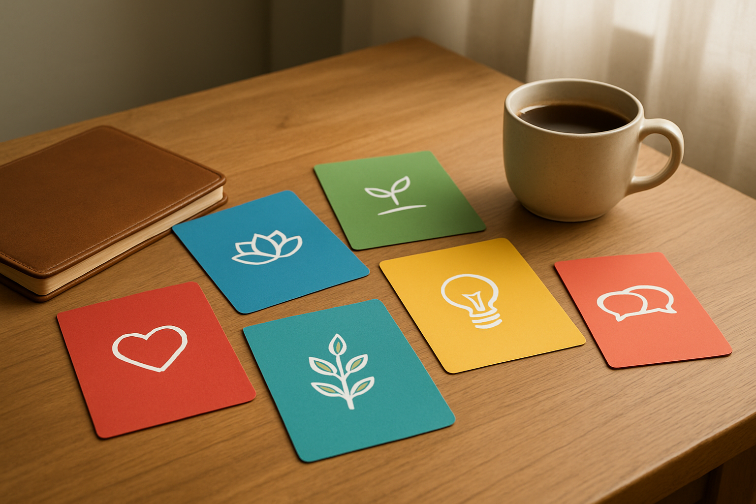 Create a realistic image of an organized display of colorful category cards or folders spread out on a clean wooden desk surface, with each card representing different life themes like wellness, growth, creativity, and relationships through subtle symbolic icons, surrounded by a soft leather-bound journal, a warm cup of coffee, and gentle natural lighting streaming from a window, creating a peaceful and contemplative atmosphere for self-reflection and goal-setting, absolutely NO text should be in the scene.
