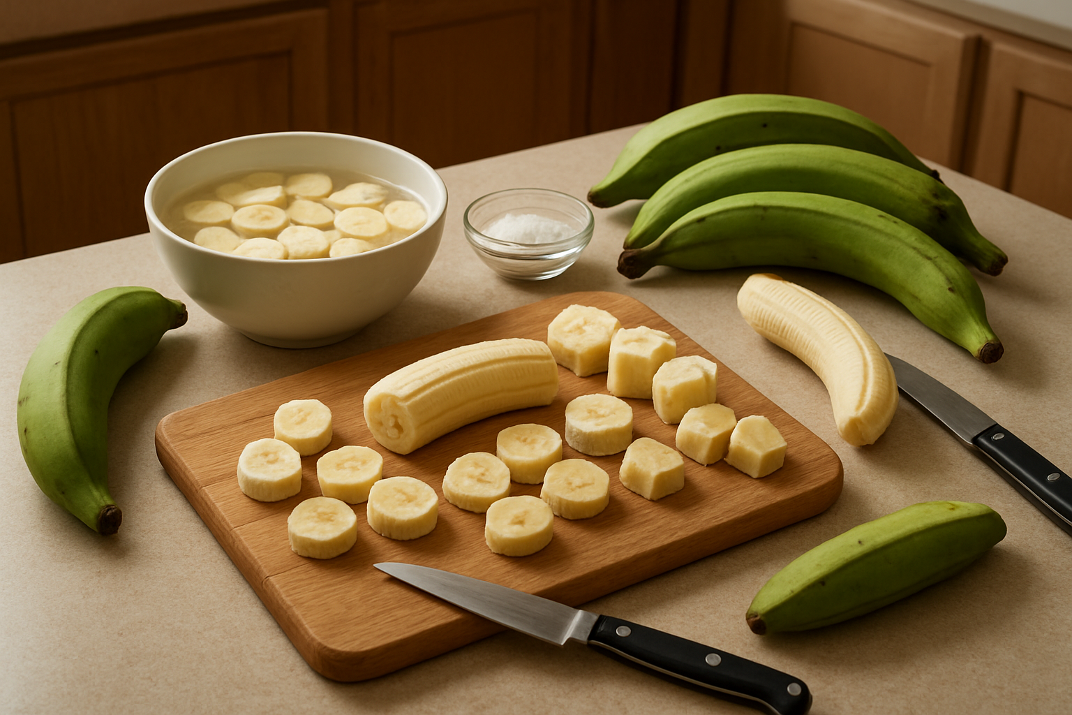 Create a realistic image of a clean kitchen counter displaying essential cooking banana preparation techniques with several green plantains and cooking bananas in various stages of preparation - some whole, some peeled showing pale flesh, some sliced into rounds, and some cut into chunks, alongside sharp kitchen knives, a wooden cutting board with banana pieces, a bowl of salted water for soaking, and small containers with spices like garlic and salt, all arranged in an organized manner under warm natural lighting from a nearby window, with a neutral kitchen background featuring wooden cabinets, absolutely NO text should be in the scene.