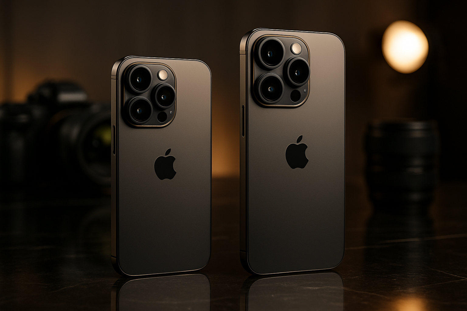 Create a realistic image of two premium smartphones iPhone 17 Pro and iPhone 17 Pro Max displayed elegantly on a sleek black marble surface, showcasing their sophisticated titanium frames and advanced camera systems, with professional photography equipment including a DSLR camera, lens, and studio lighting setup blurred in the background, warm studio lighting creating subtle reflections on the phone screens, emphasizing the professional and premium nature of these devices for content creators and professionals, absolutely NO text should be in the scene.