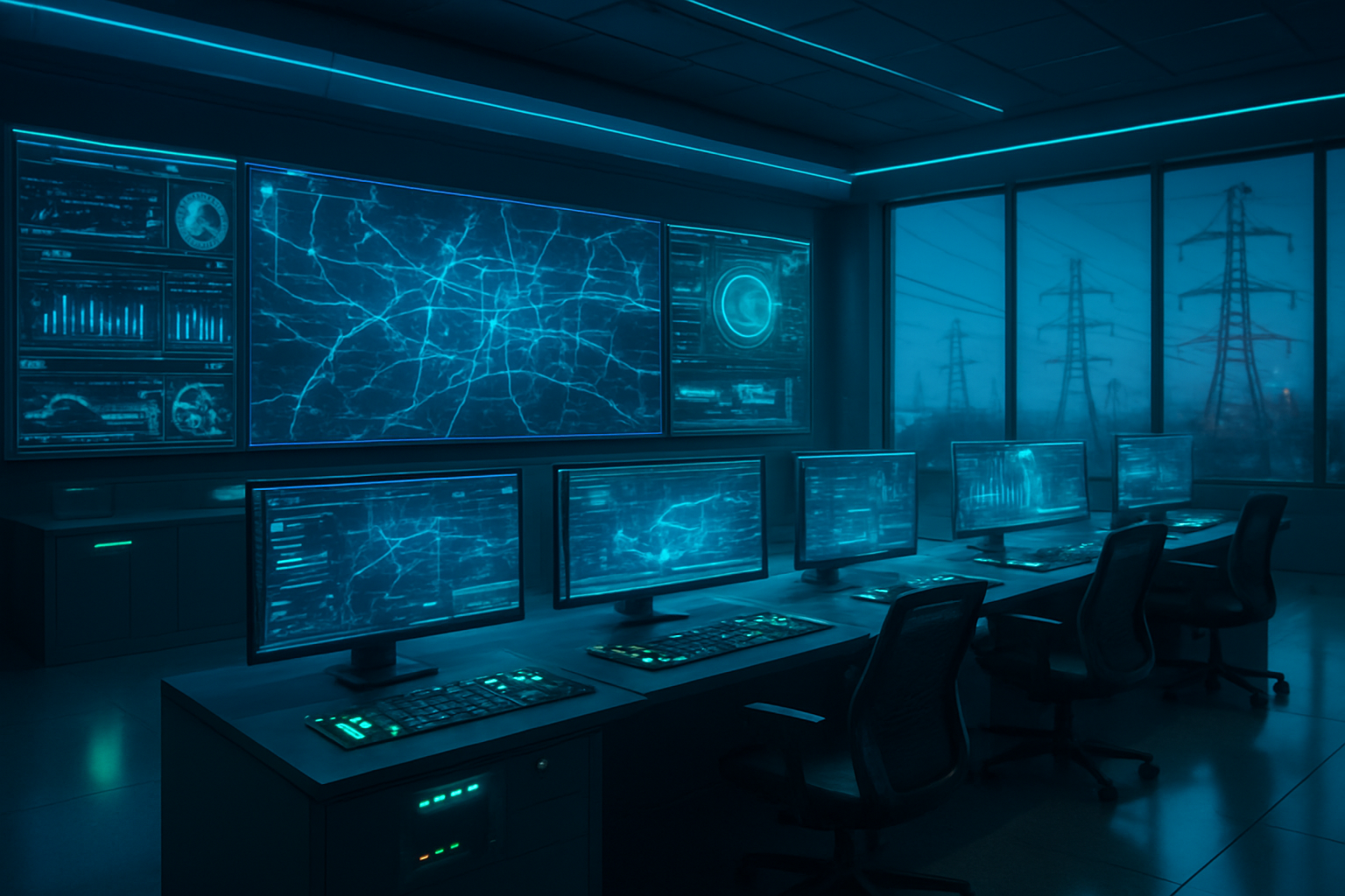Create a realistic image of a modern electrical grid control center with multiple large monitoring screens displaying real-time power grid maps, data analytics dashboards, and AI-powered optimization interfaces, featuring sleek control panels with glowing buttons and switches, advanced computer workstations with holographic data visualizations floating above them, electrical transmission towers and power lines visible through large windows in the background, cool blue and green LED lighting creating a high-tech atmosphere, with subtle electrical energy effects and data streams flowing across the screens, set in a clean, futuristic facility environment with polished floors and modern architecture, absolutely NO text should be in the scene.