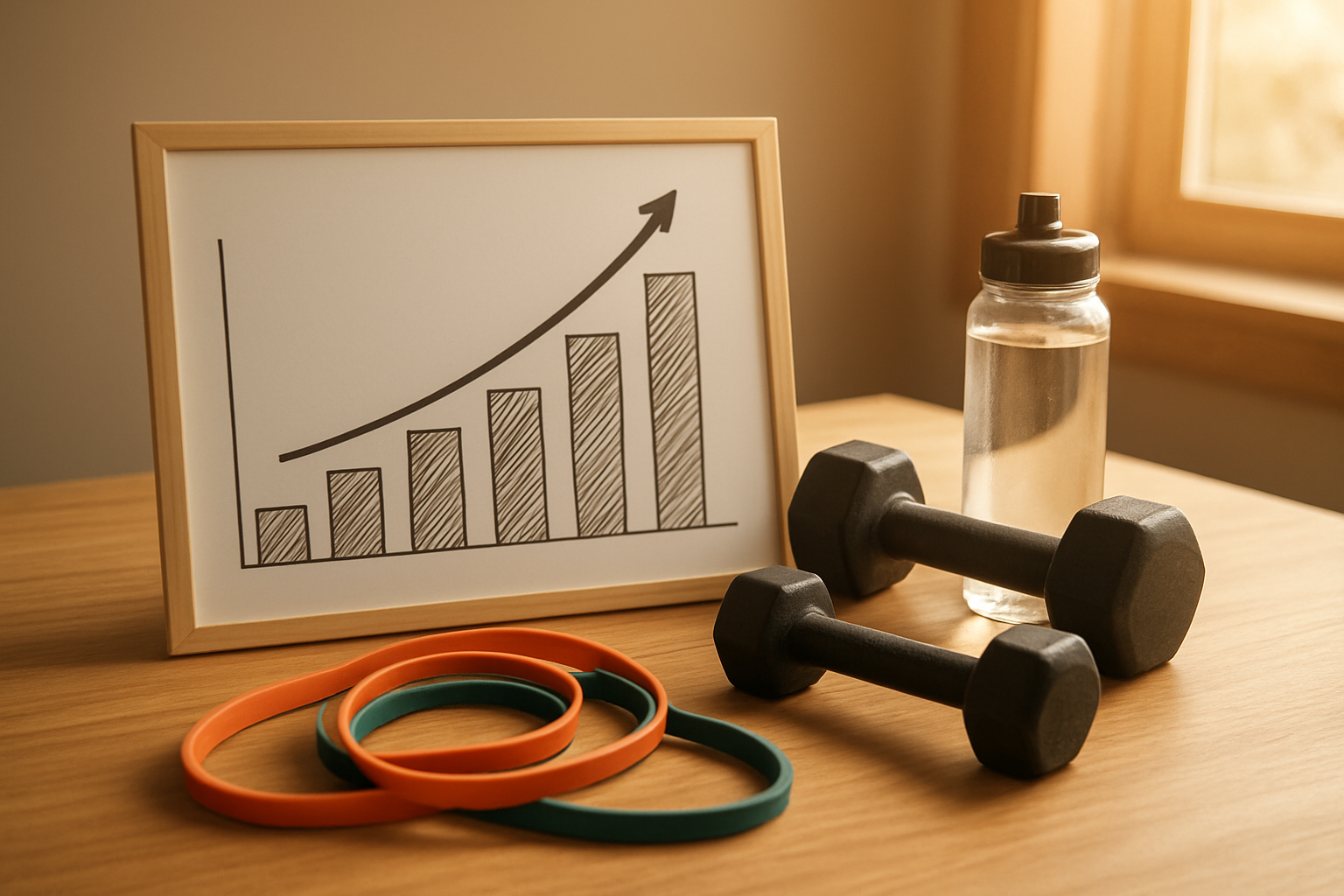 Create a realistic image of a fitness tracking chart or progress board showing ascending workout metrics with dumbbells, resistance bands, and a water bottle arranged on a clean wooden surface, featuring warm natural lighting from a nearby window, with a motivational and organized atmosphere that conveys systematic fitness progression and goal achievement, absolutely NO text should be in the scene.