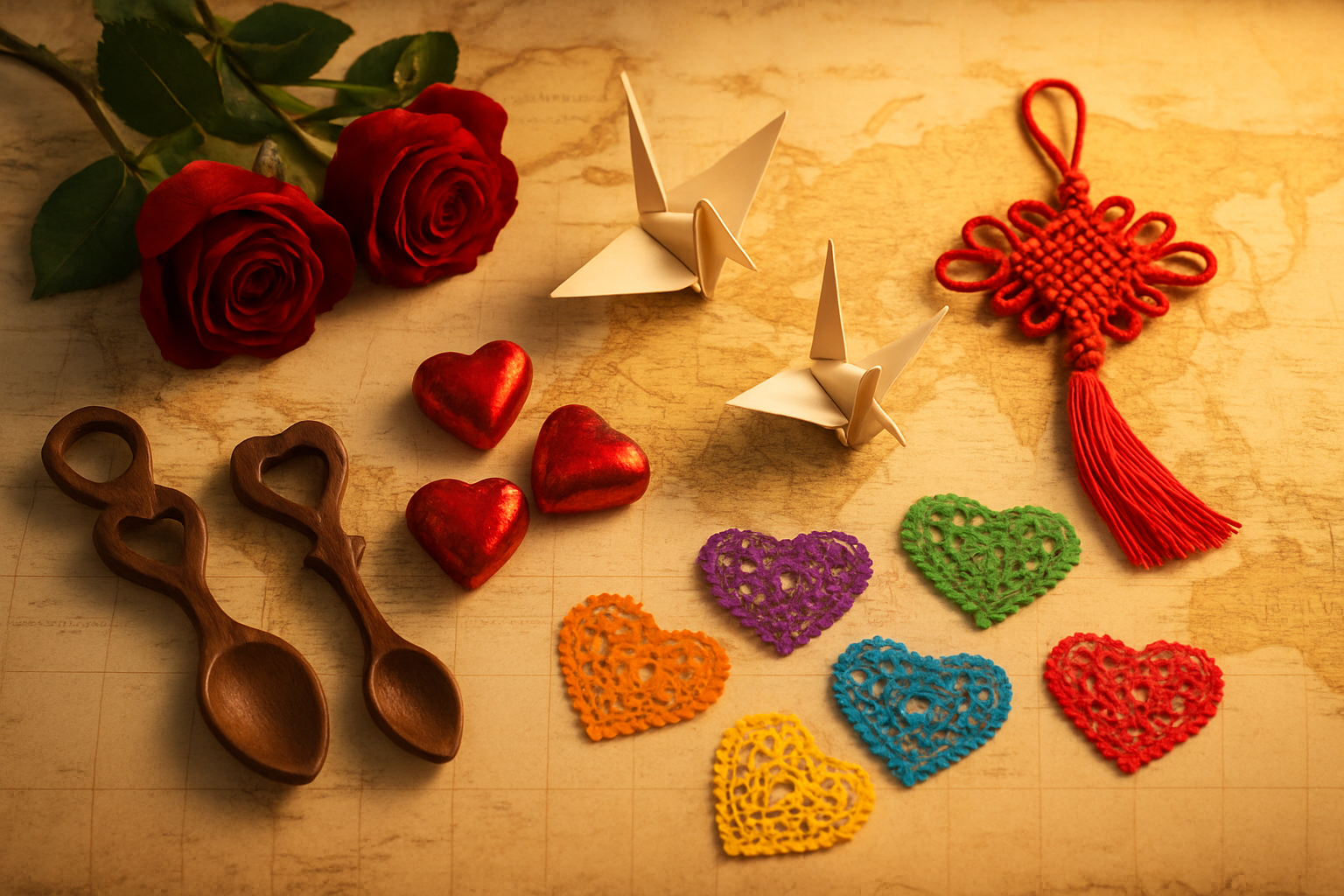 Create a realistic image of a diverse collection of Valentine's Day symbols and traditions from different cultures arranged on a world map background, featuring red roses from Western tradition, origami cranes from Japan, love spoons from Wales, small heart-shaped chocolates, traditional Chinese love knots, and colorful papel picado hearts from Mexico, with warm golden lighting highlighting each cultural element against a soft cream-colored vintage world map, creating a romantic and educational atmosphere that celebrates global love traditions, absolutely NO text should be in the scene.