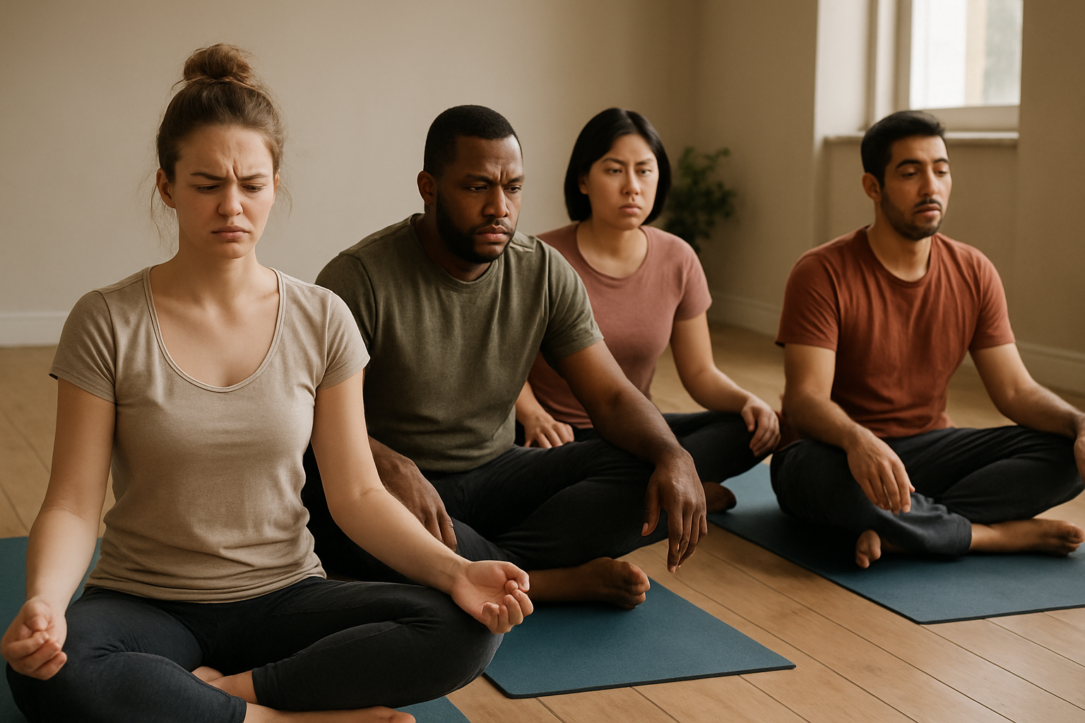 Create a realistic image of a diverse group of beginner meditators sitting cross-legged on yoga mats in a peaceful indoor space, showing various common meditation challenges: a young white female looking frustrated with furrowed brow, a middle-aged black male appearing restless and shifting position, an Asian female opening one eye with a slightly confused expression, and a Hispanic male looking distracted while glancing to the side, soft natural lighting streaming through windows, calm neutral-toned room with wooden floors and minimal decor, gentle shadows creating a serene atmosphere despite the visible struggles of the practitioners, absolutely NO text should be in the scene.
