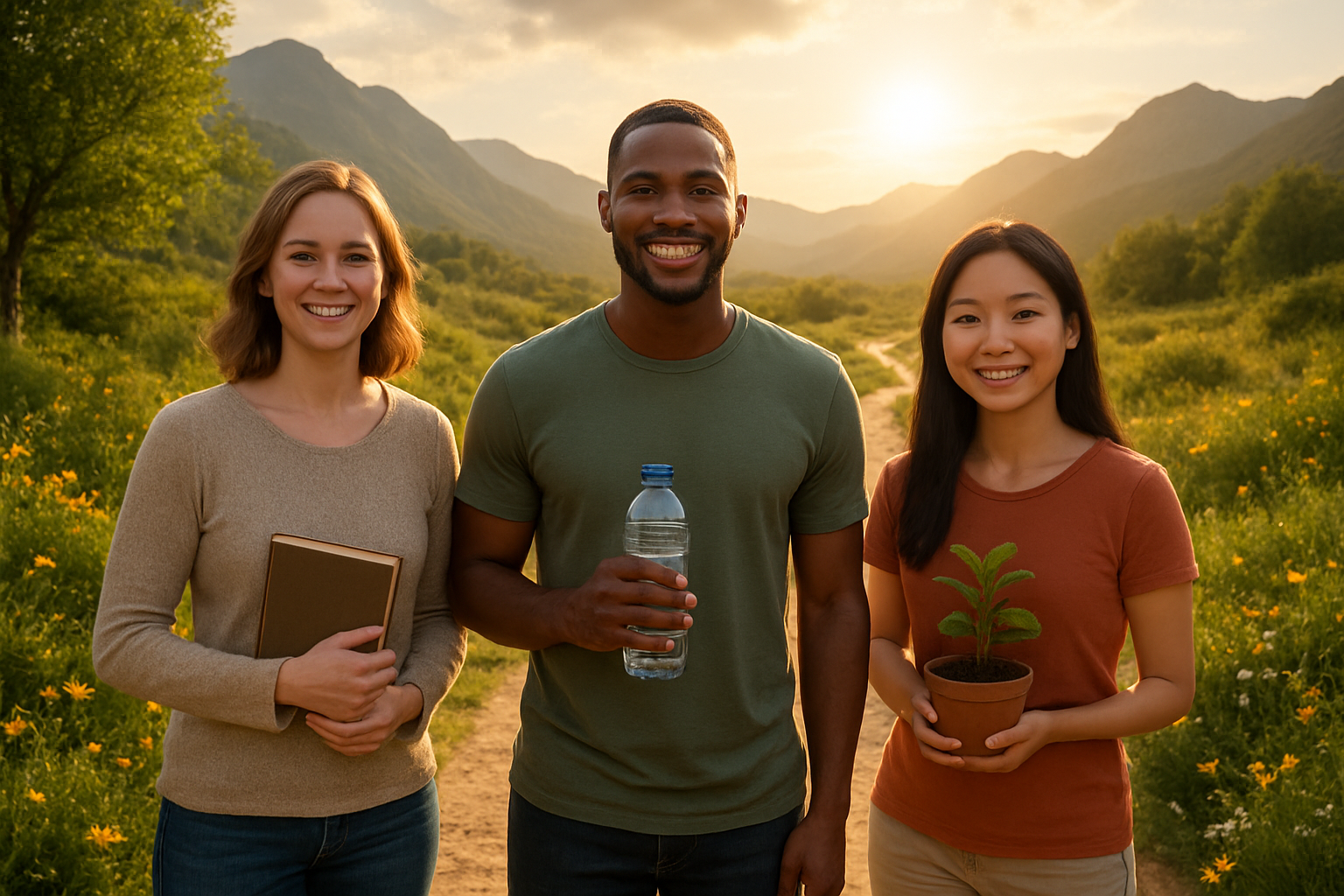 Create a realistic image of a diverse group including a white female, black male, and Asian female standing together on a bright mountain path that splits into multiple directions leading toward a sunlit horizon, with each person holding symbolic items representing positive life changes - one holding a book, another with a water bottle, and the third with a small plant, surrounded by lush greenery and wildflowers under warm golden hour lighting that creates an atmosphere of hope, progress, and new beginnings, with mountains in the background symbolizing challenges overcome, absolutely NO text should be in the scene.