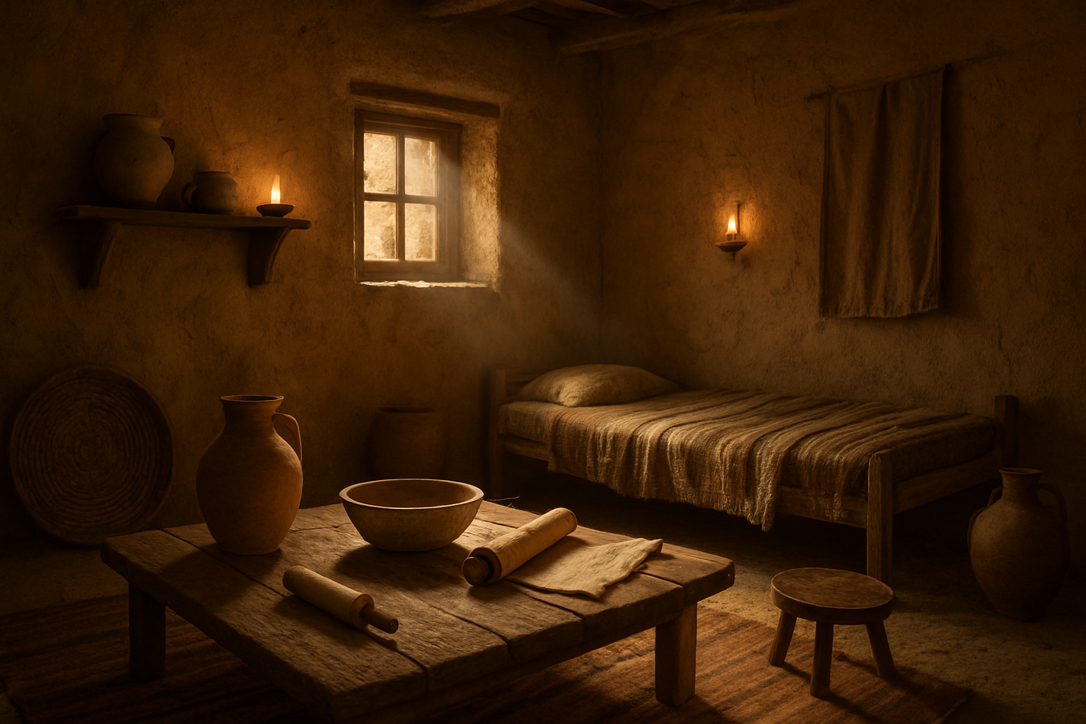 Create a realistic image of an ancient Middle Eastern village home interior from biblical times, featuring warm golden lighting from oil lamps and natural sunlight streaming through a window, with traditional first-century furnishings including clay pottery, woven textiles, wooden furniture, and stone walls, creating a peaceful domestic atmosphere that reflects the historical setting where the sisters Mary and Martha would have lived, with subtle details like rolled scrolls, ceramic jars, and simple household items that establish the authentic biblical context and time period, absolutely NO text should be in the scene.