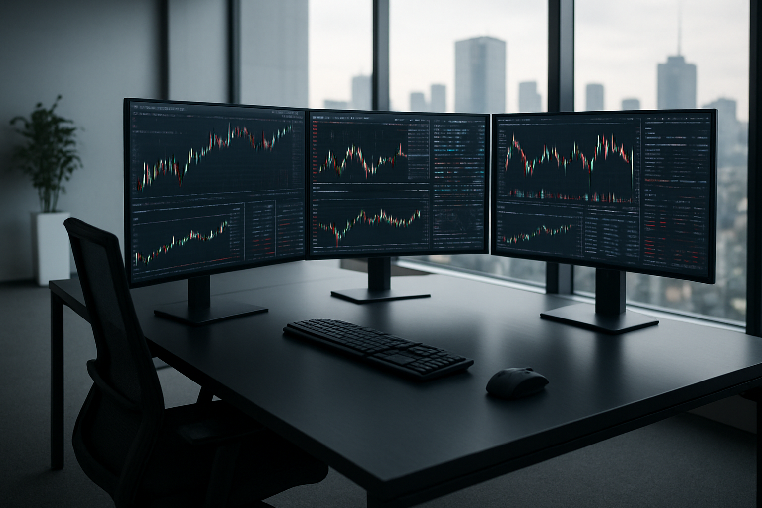 Create a realistic image of a sophisticated modern trading office with multiple large curved monitors displaying advanced trading charts, candlestick patterns, and market data dashboards, featuring a sleek black desk setup with high-end computer equipment, professional trading keyboards, and ergonomic chairs, set against a backdrop of floor-to-ceiling windows showing a city skyline, with soft natural lighting creating a professional atmosphere, complemented by minimalist decor and clean lines that convey premium quality and high-performance trading technology, absolutely NO text should be in the scene.