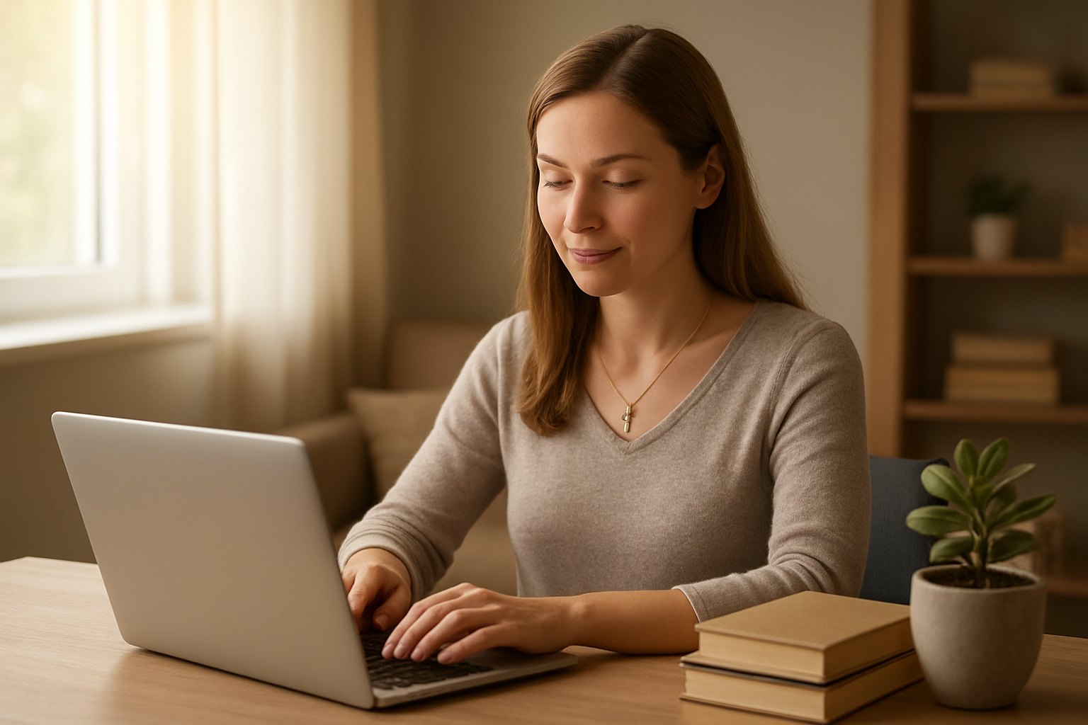 Create a realistic image of a Christian white female sitting at a modern desk with a laptop computer open, her hands positioned over the keyboard as if typing, with a warm and peaceful expression on her face, a subtle cross necklace visible around her neck, soft natural lighting streaming through a nearby window creating a gentle glow, a few inspirational books and a small potted plant on the desk beside the laptop, the background showing a cozy home office or living room setting with neutral warm tones, the overall mood conveying purpose and gentle determination. Absolutely NO text should be in the scene.