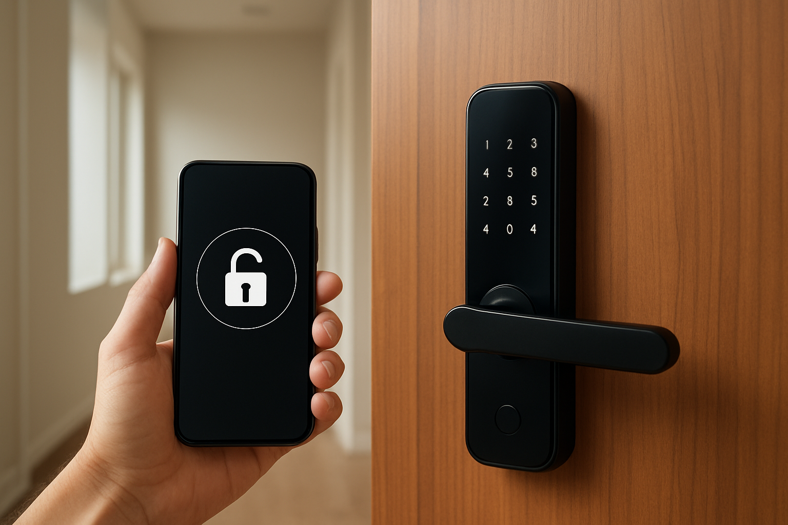 Create a realistic image of a modern smart WiFi door lock installed on a wooden apartment door, with a smartphone in the foreground showing a digital key or lock control app interface, soft natural lighting from a hallway window, clean residential building interior background with neutral colors, emphasizing security and convenience features, absolutely NO text should be in the scene.