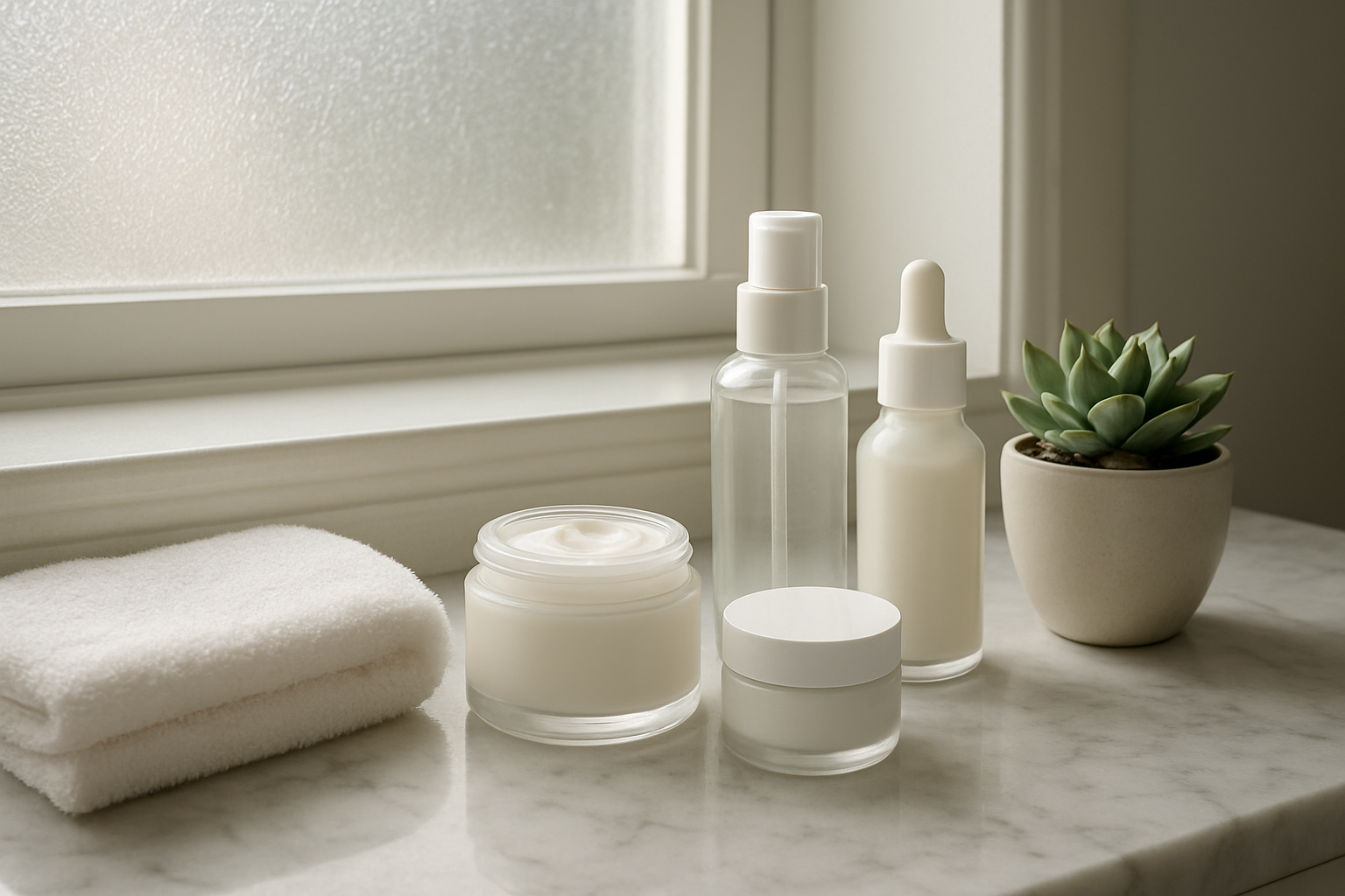 Create a realistic image of a serene bathroom vanity scene showcasing the completion of a skincare routine, featuring an elegant marble countertop with neatly arranged skincare products including moisturizer jars, serum bottles, and gentle cleansers, alongside a soft white towel and a small potted succulent, with natural morning light streaming through a frosted window creating a clean and refreshing atmosphere that conveys healthy skin transformation and self-care accomplishment, absolutely NO text should be in the scene.
