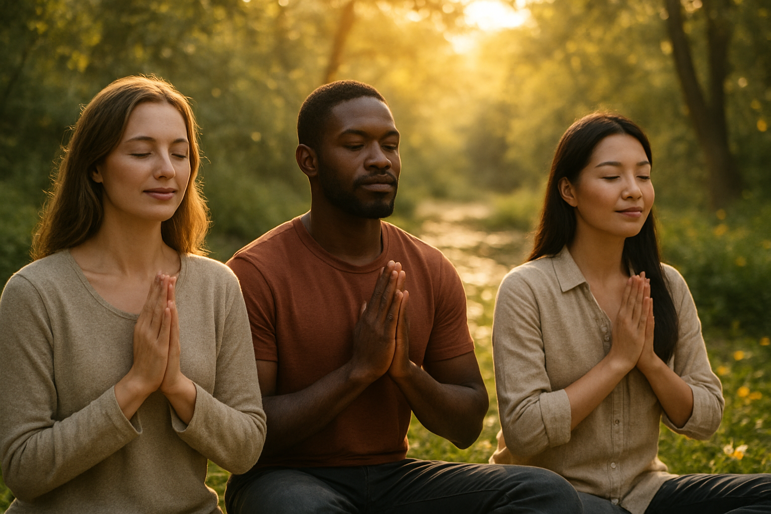 Create a realistic image of a peaceful scene showing a diverse group of people with hands clasped in prayer position, including a white female, black male, and Asian female, sitting in a serene natural setting with soft golden sunlight filtering through trees, surrounded by elements symbolizing gratitude like blooming flowers, gentle flowing water, and warm ambient lighting that creates a transformative and hopeful atmosphere, with expressions of inner peace and contentment on their faces, absolutely NO text should be in the scene.