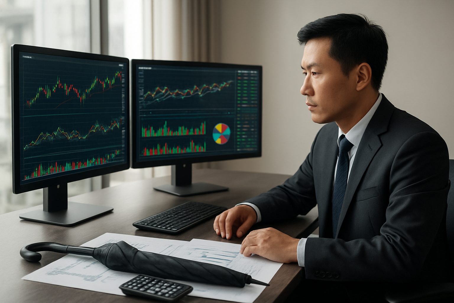 Create a realistic image of a professional Asian male investor in a business suit sitting at a modern desk with multiple computer monitors displaying colorful financial charts, graphs, and portfolio dashboards, with a calculator, financial documents, and a protective umbrella symbol prominently placed on the desk, set in a contemporary office environment with soft natural lighting from large windows, conveying a sense of careful planning and security, absolutely NO text should be in the scene.