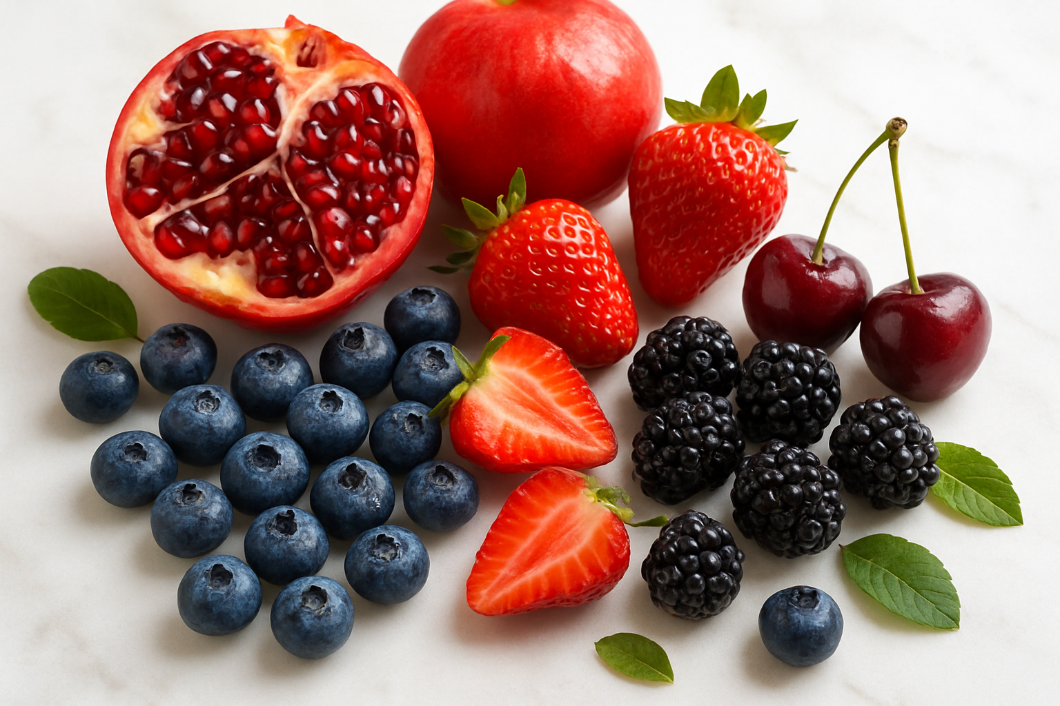 Create a realistic image of vibrant antioxidant-rich fruits including blueberries, pomegranates, strawberries, blackberries, and cherries arranged in an elegant display on a clean white marble surface, with some fruits cut open to show their rich interior colors, soft natural lighting from above creating gentle shadows, fresh green leaves scattered around the fruits, dewdrops visible on some berries to emphasize freshness, warm and inviting mood suggesting health and vitality, absolutely NO text should be in the scene.