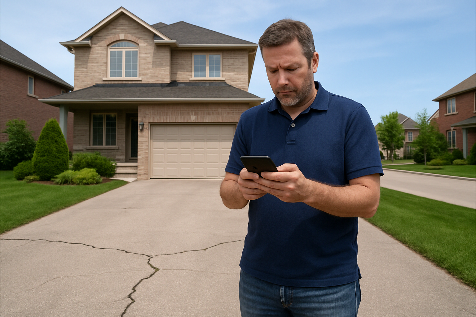 Create a realistic image of a homeowner, a middle-aged white male, standing in his driveway looking at his smartphone while searching for concrete contractors, with a residential house in the background, a partially cracked concrete driveway visible in the foreground, suburban Markham neighborhood setting with other houses visible in the distance, natural daylight lighting, clear sky, the man wearing casual clothing like a polo shirt and jeans, holding the phone with both hands in a concentrated manner, well-maintained landscaping around the property, absolutely NO text should be in the scene.