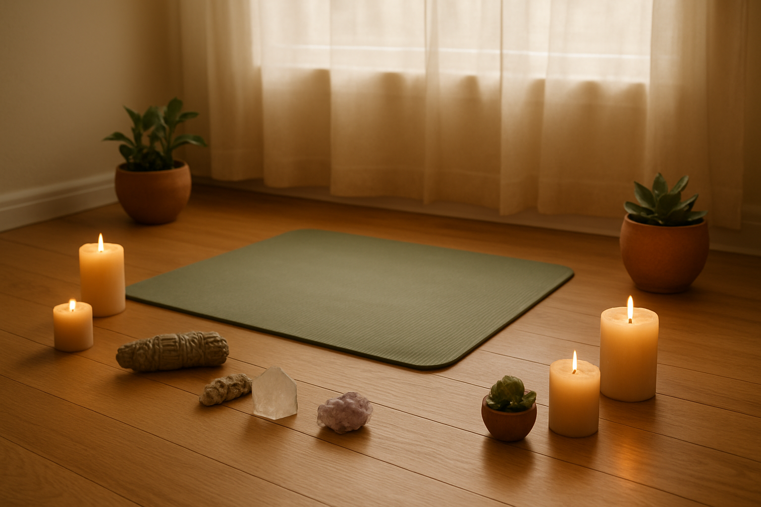 Create a realistic image of a serene meditation space with soft natural lighting from a window, featuring a yoga mat on a wooden floor, surrounded by gentle elements like lit candles, crystals, sage bundles, and small potted plants, with warm earth tones and peaceful ambiance that conveys preparation and tranquility for spiritual practice, absolutely NO text should be in the scene.
